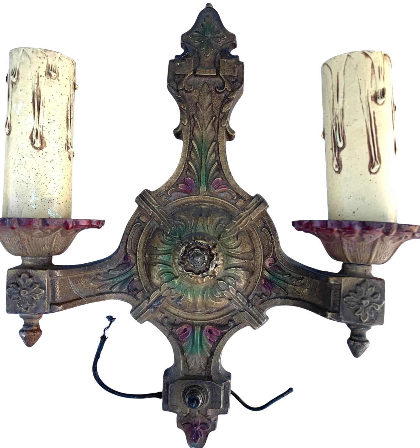 4 Antique 1920s Tudor Double-Arm Electric Candle Style Cast Metal Wall Candelabra Light Sconces (1 of 9)