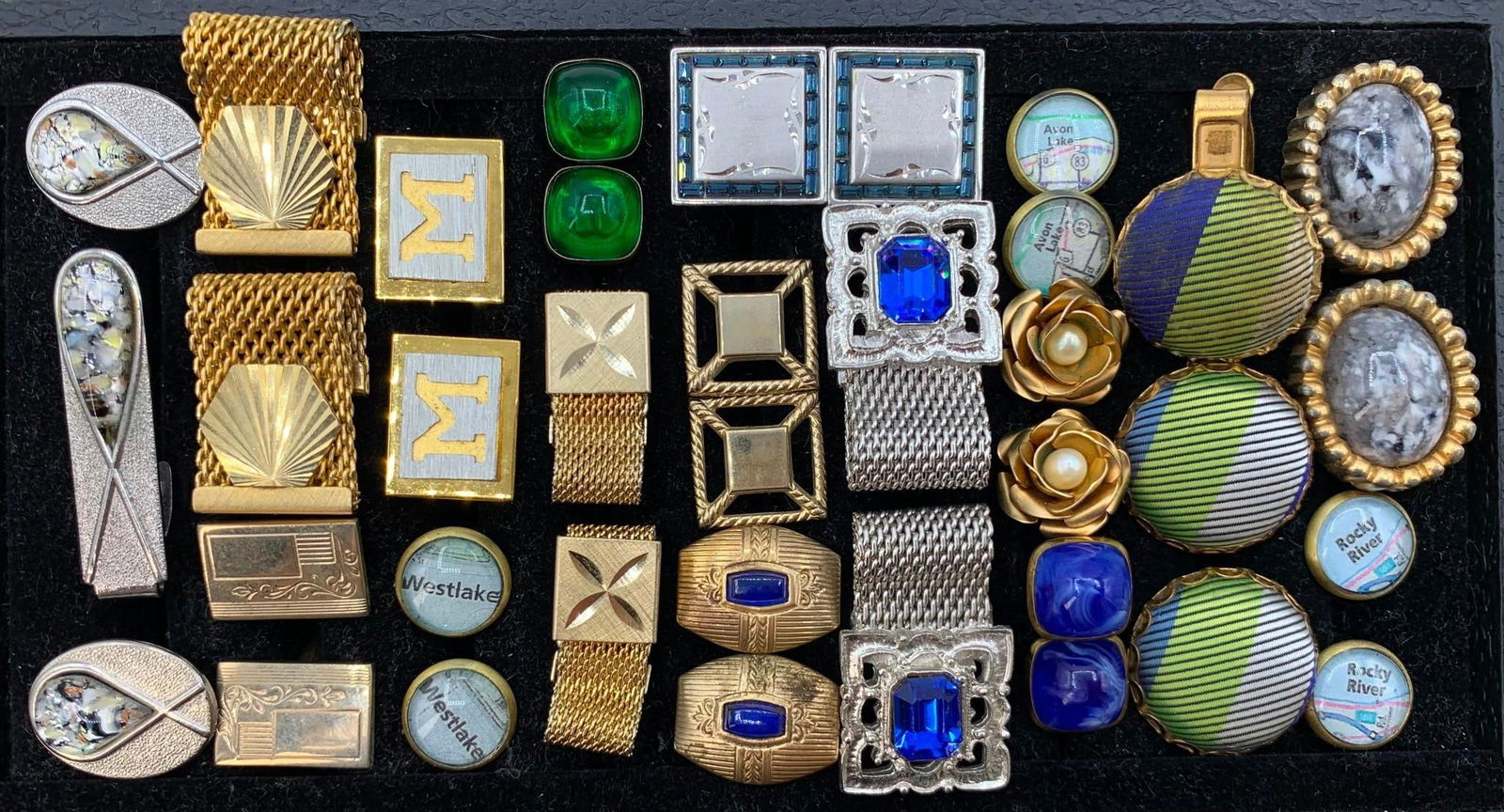 189 pc Antique to Vintage Cufflinks, Tie Pins Bars in 1920s Velvet Lined GRAMMES Ship Jewel Box: Incredible variety, from bold Mid Century to refined Victorian, some of the older pieces are singles, many vintage pieces with matching bars/pins, Yves Saint Laurent tie bar with case, the early jewel