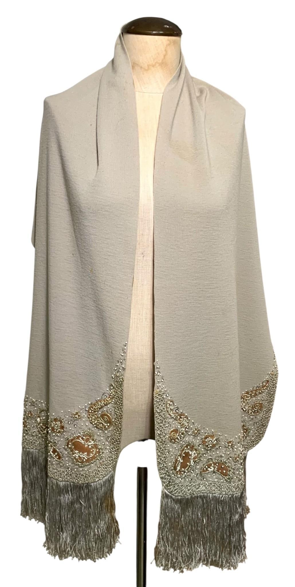 Mid Century Austrian CECILE Hand Beaded, Braid and Sequin Trimmed Virgin Wool Fawn Gray Shawl (1 of 11)