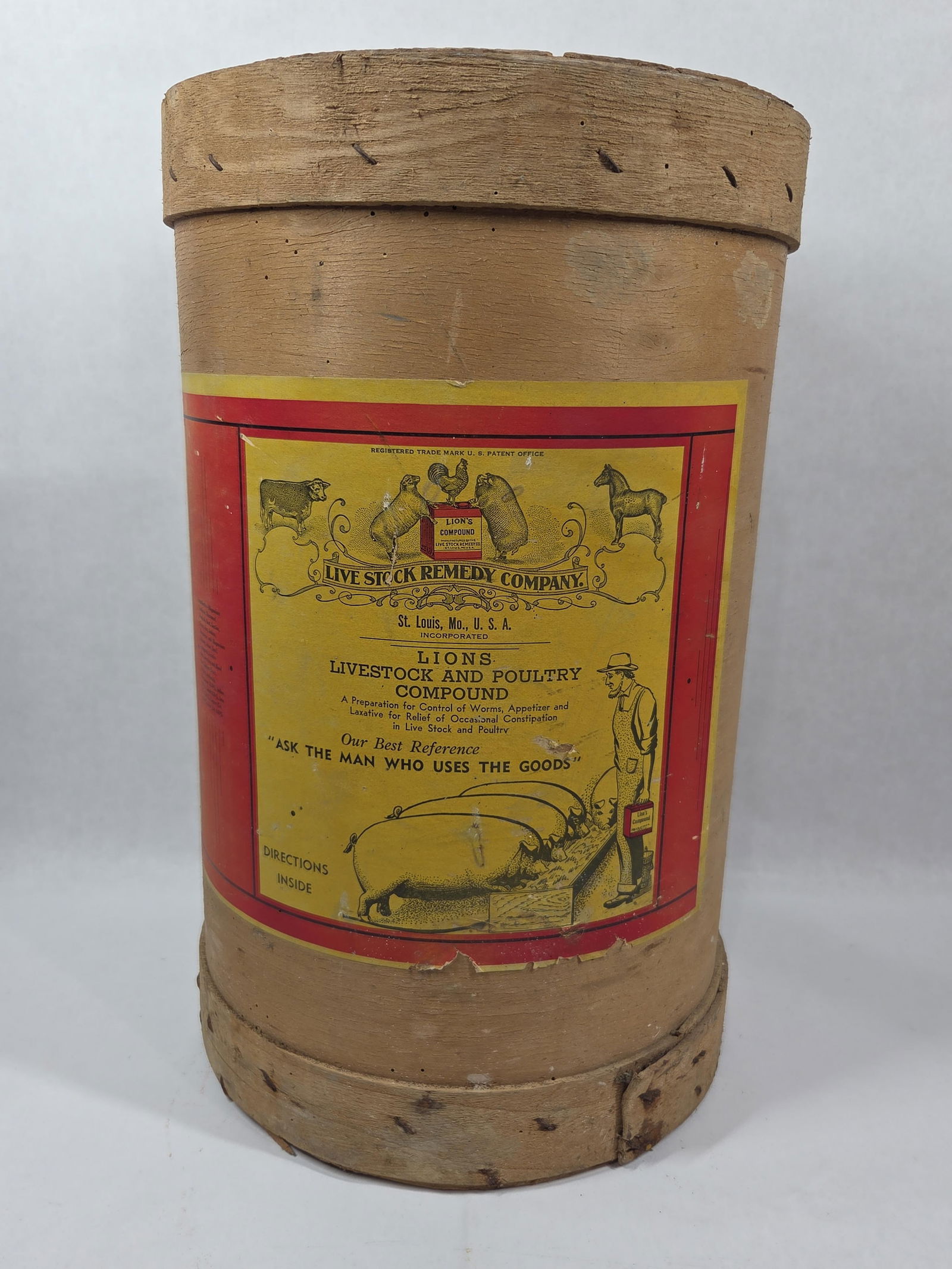 Lions Livestock and Poultry Compound 45 Lb. Wood Lidded Barrel: This great early lidded Live Stock Remedy barrel stands 18 in H and is 11.5 in D