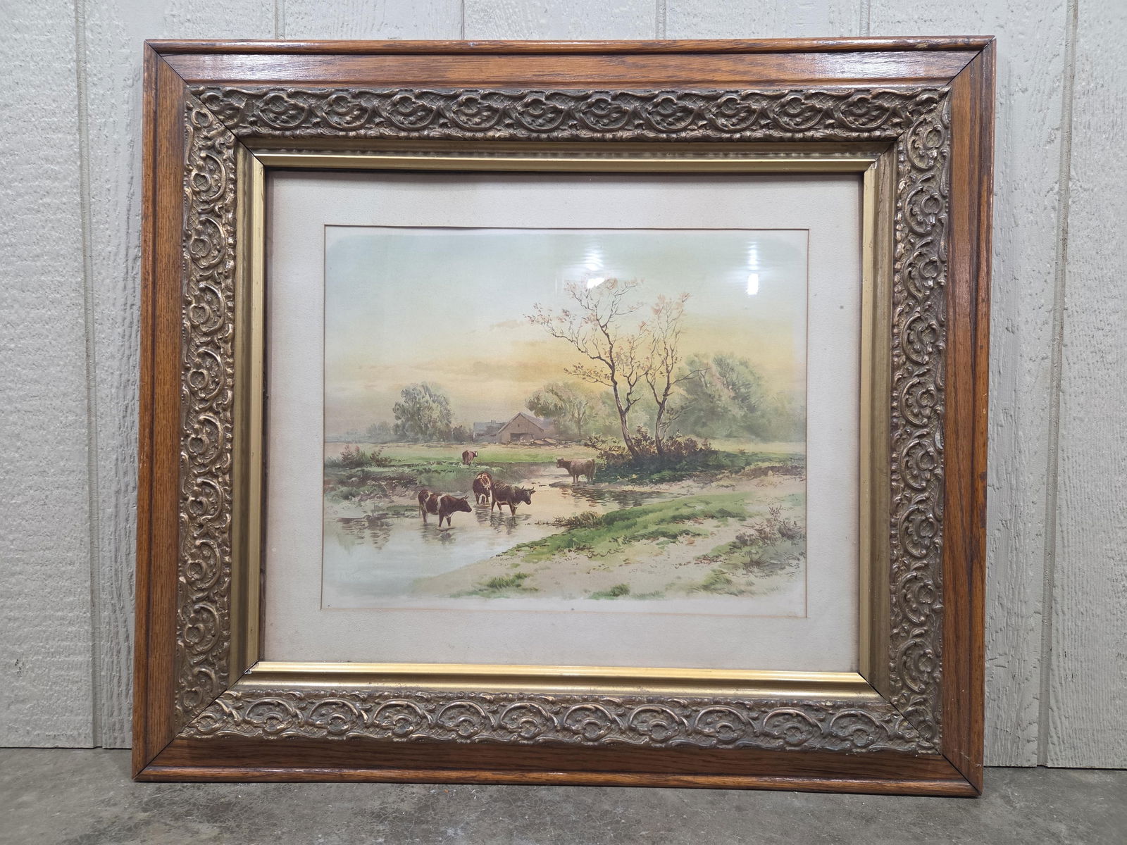 Antique Original Pastoral Water Color in a Decorative Gilt Frame by. C. Weber: Great overall condition and color 33 x 30