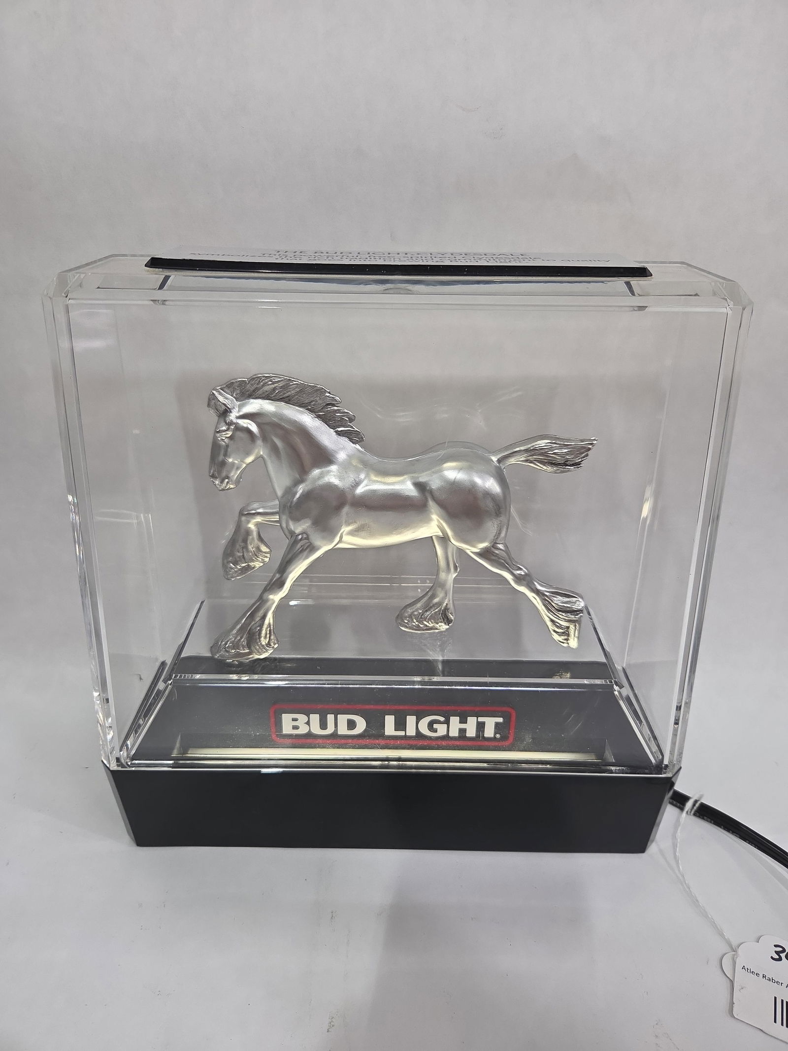 Budweiser Illuminated Silver Clydesdale in Lucite Housing Breweriana Collectible Bar Light: Great near mint condition in good working order? 10 x 10