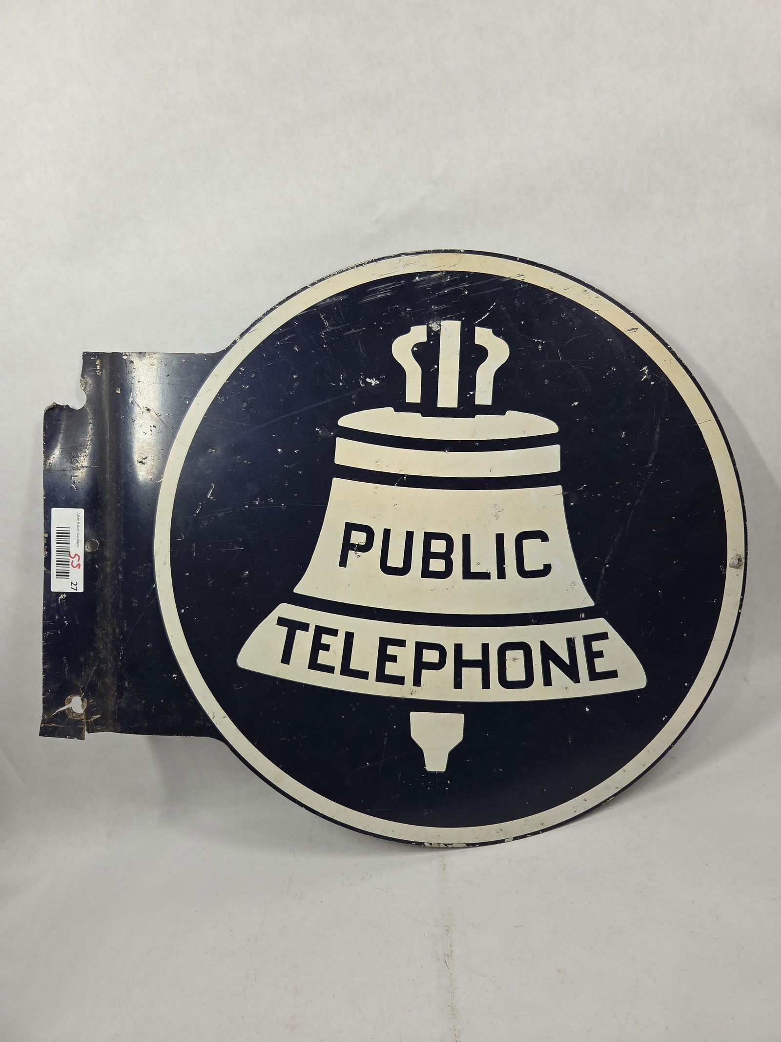 Double Sided Steel Public Telephone Flange Sign: Flange has been bent outward showing hole to top grommet with paint and finish loss overall good condition for age 18 x 21.5