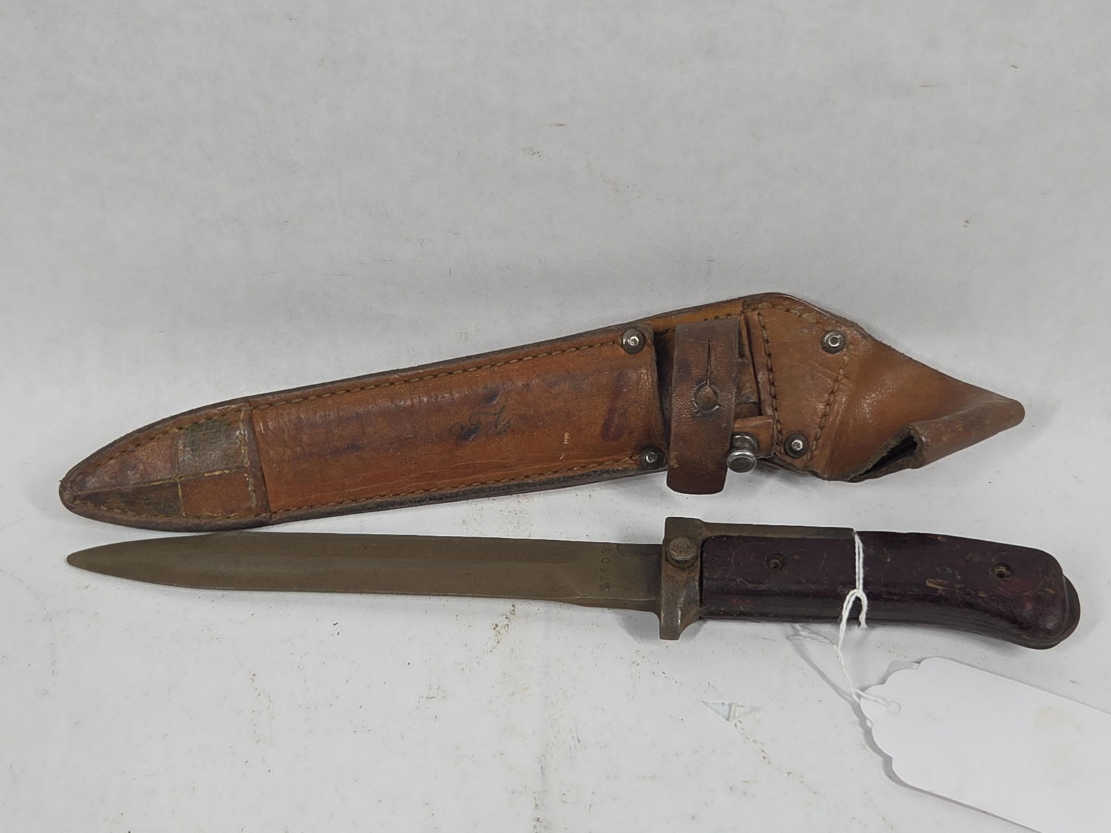 Original Military Bayonet w/ Leather Sheathe 37703: overall good condition for age and usage with a blade length of 6 in. and overall length 11.5
