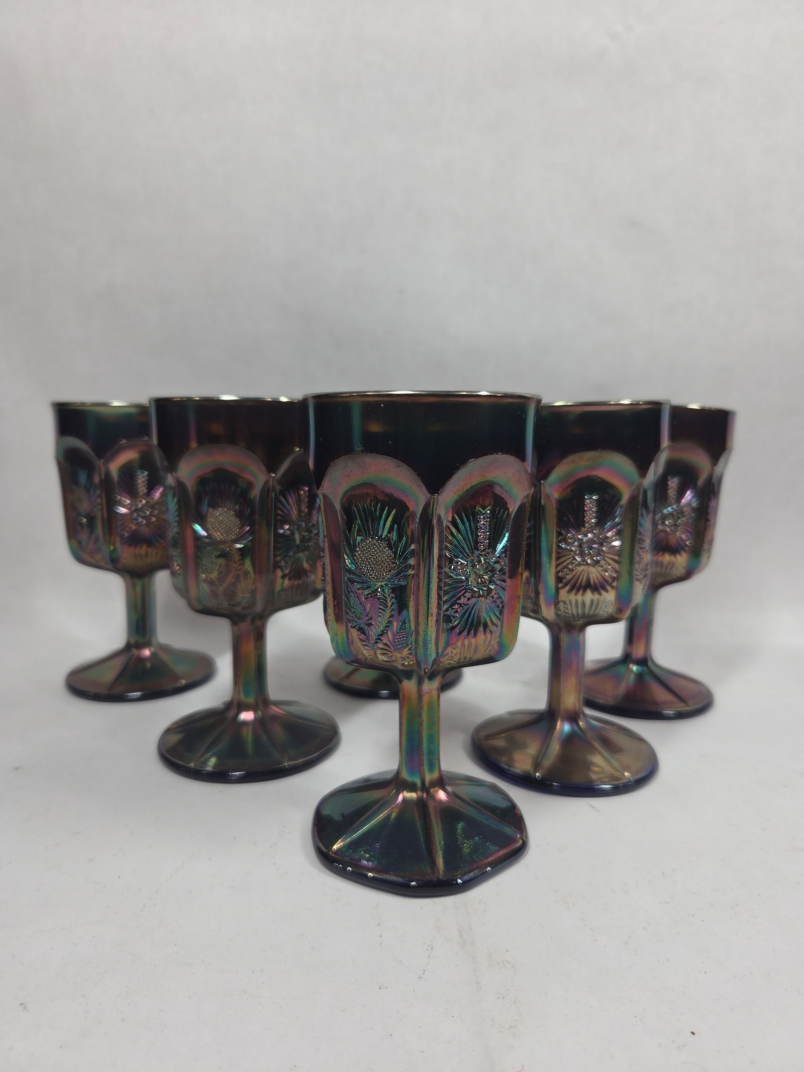 LG Wright Blue Paneled Thistle Carnival Glass Goblets - 6: This great carnival lot of 6 goblets are free of any chips, cracks or breaks
