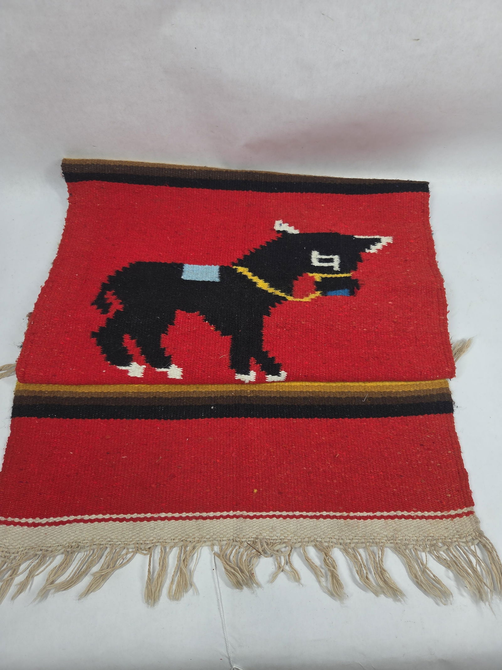 Native American Hand Woven Wool Burro Motif Tapestry: Great color and weave with fringe all fully intact 21 x 42