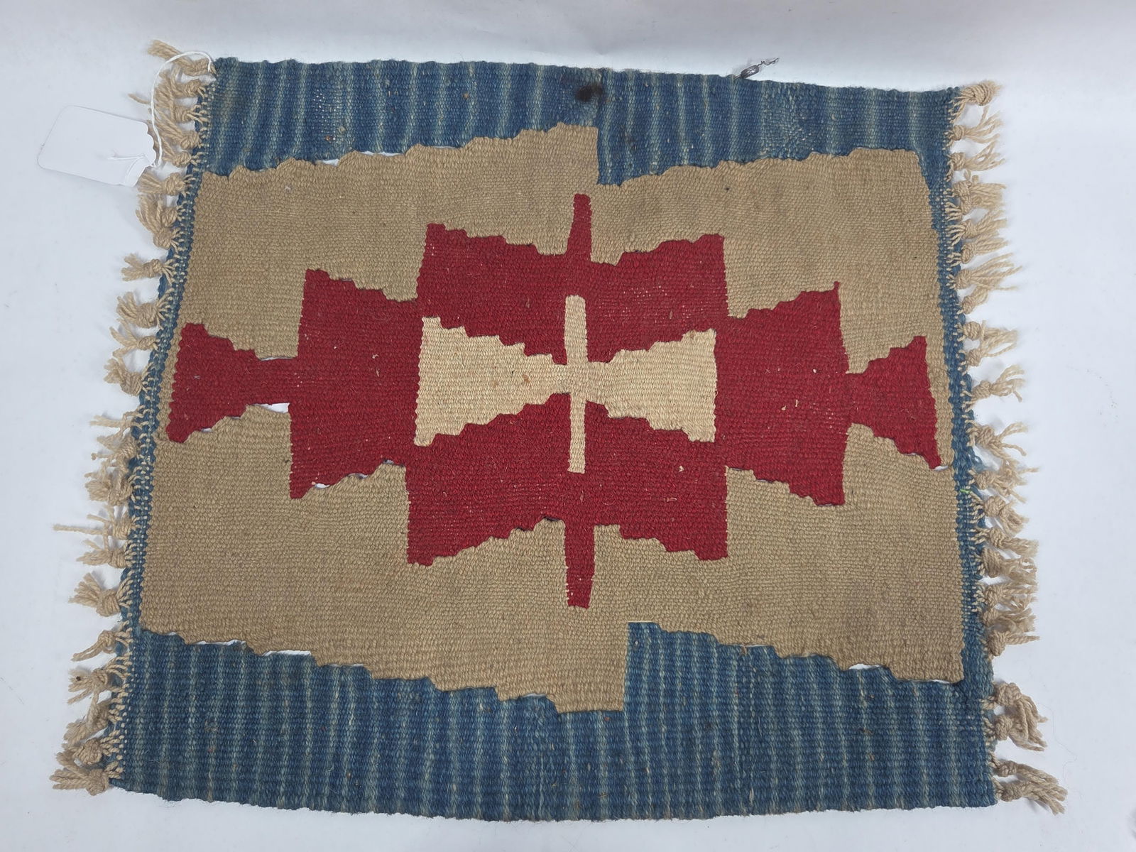 Hand Woven Turkish Kilim Flat Weave Knotted Pile Wool w/ Geometric Design: Showing areas of soiling due to age and usage 18 x 17