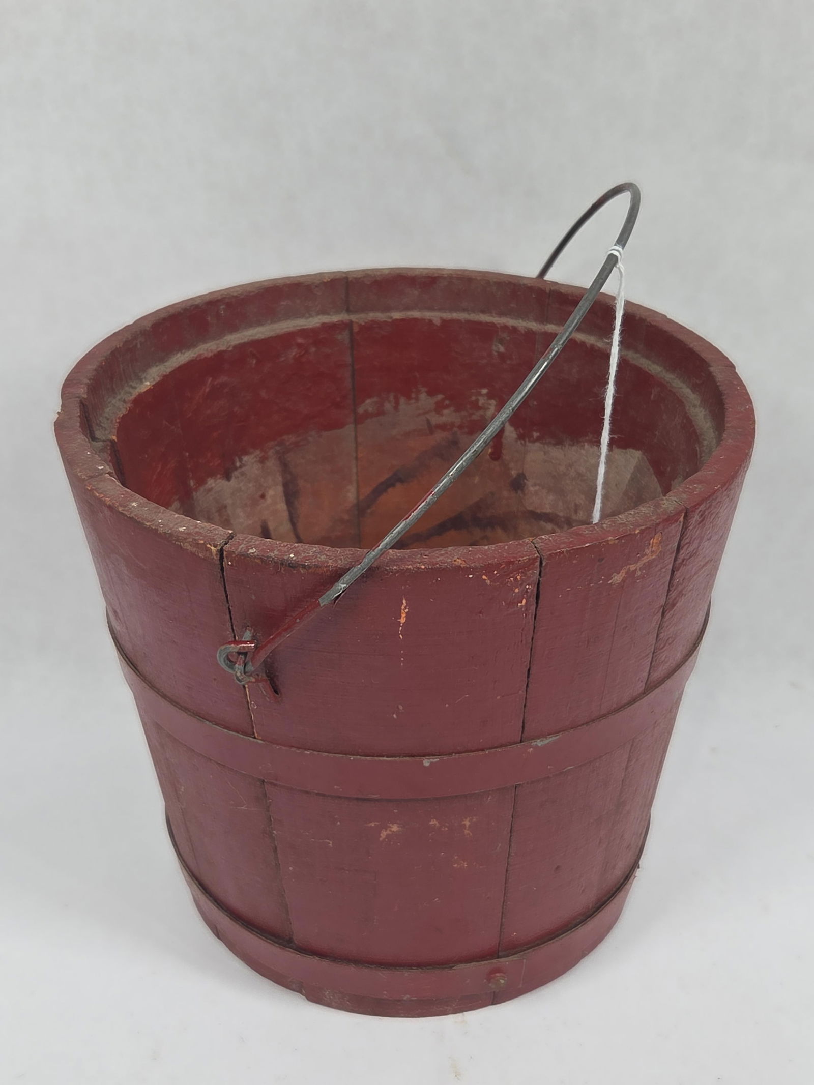 Primitive Wood Stave Red Painted Banded Paint Pail w/ Bale Handle: Great overall primitive condition 6 H x 7 D