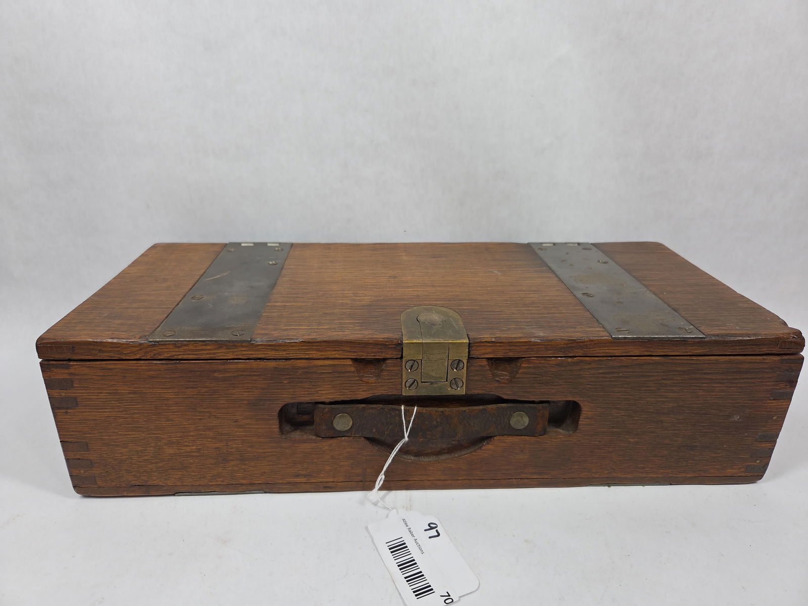 Early Dovetailed Wood Hinged Lid Valuables Chest w/ Comparted Felt Lined Tray and Leather Handles (1 of 5)