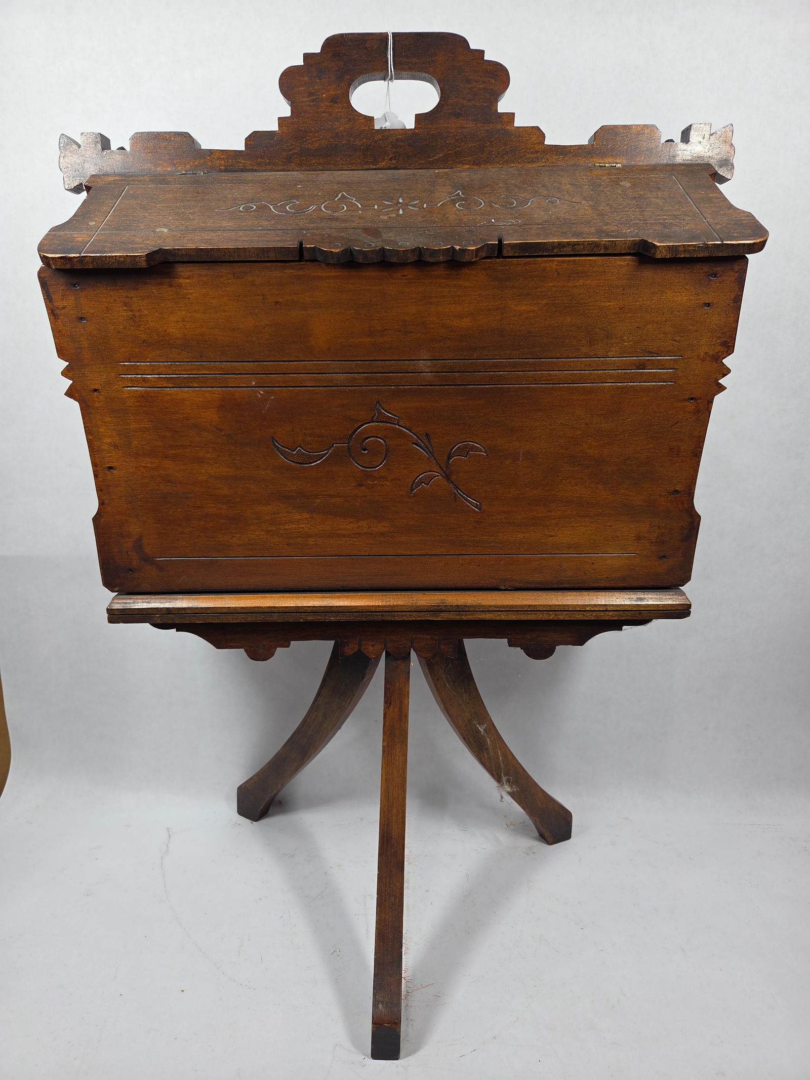 Antique Three Legged Carved Sewing Box Stand w/ Double Hinged Lids: Great overall condition standing 30 in. H
