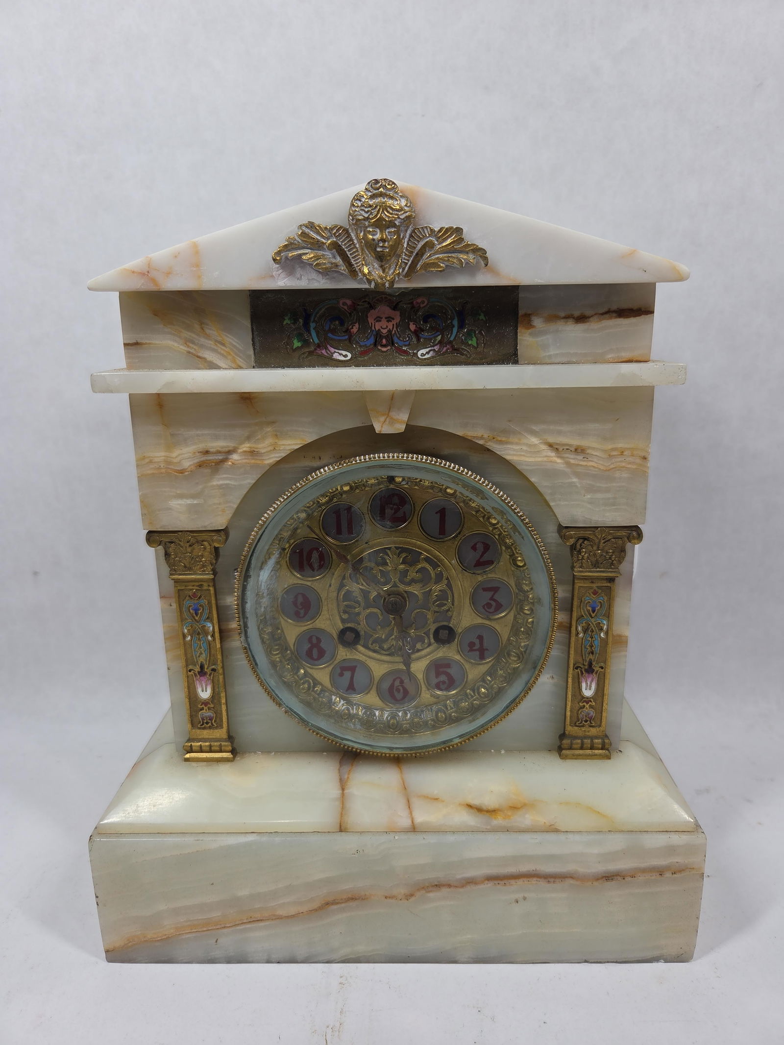 Great French Alabaster and Champleve Enamel Brass and Marble Mantel Clock: Great collector clock in overall good condition standing 12 in. H including key