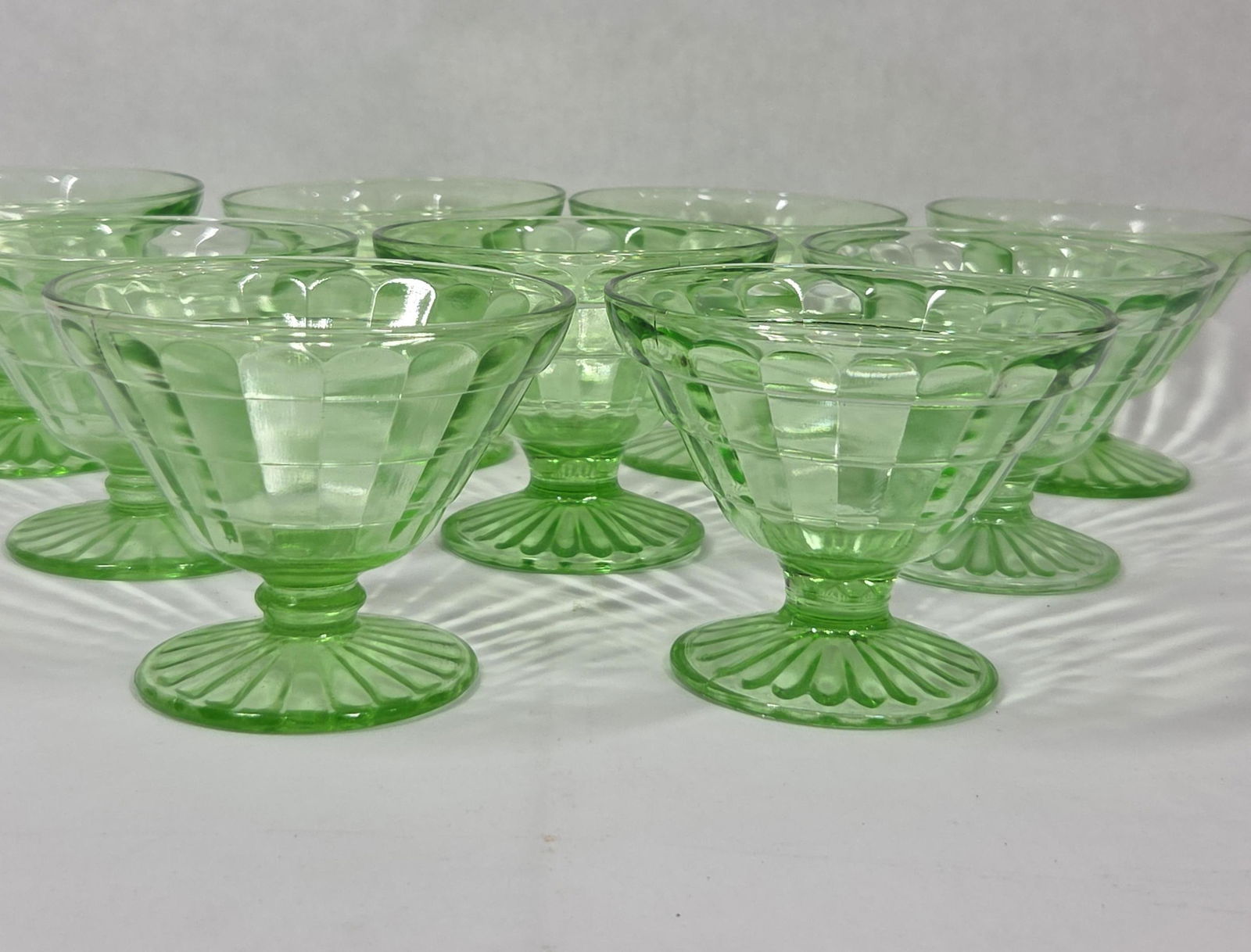 Anchor Hocking Green Depression Era Block Optic Sherbert / Berry Dishes Lot of 9 Vaseline/Uranium Gl: great lot including 9 - 3 in H