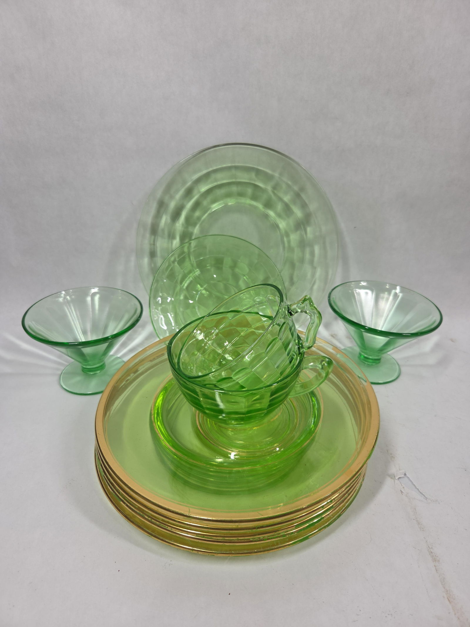 Anchor Hocking Green Depression Era Block Optic Sherbert / Berry Dishes and Snack Trays: This great vaseline/ uranium depression glassware lot will make a great addition to any collection incl. 10 assorted pcs.