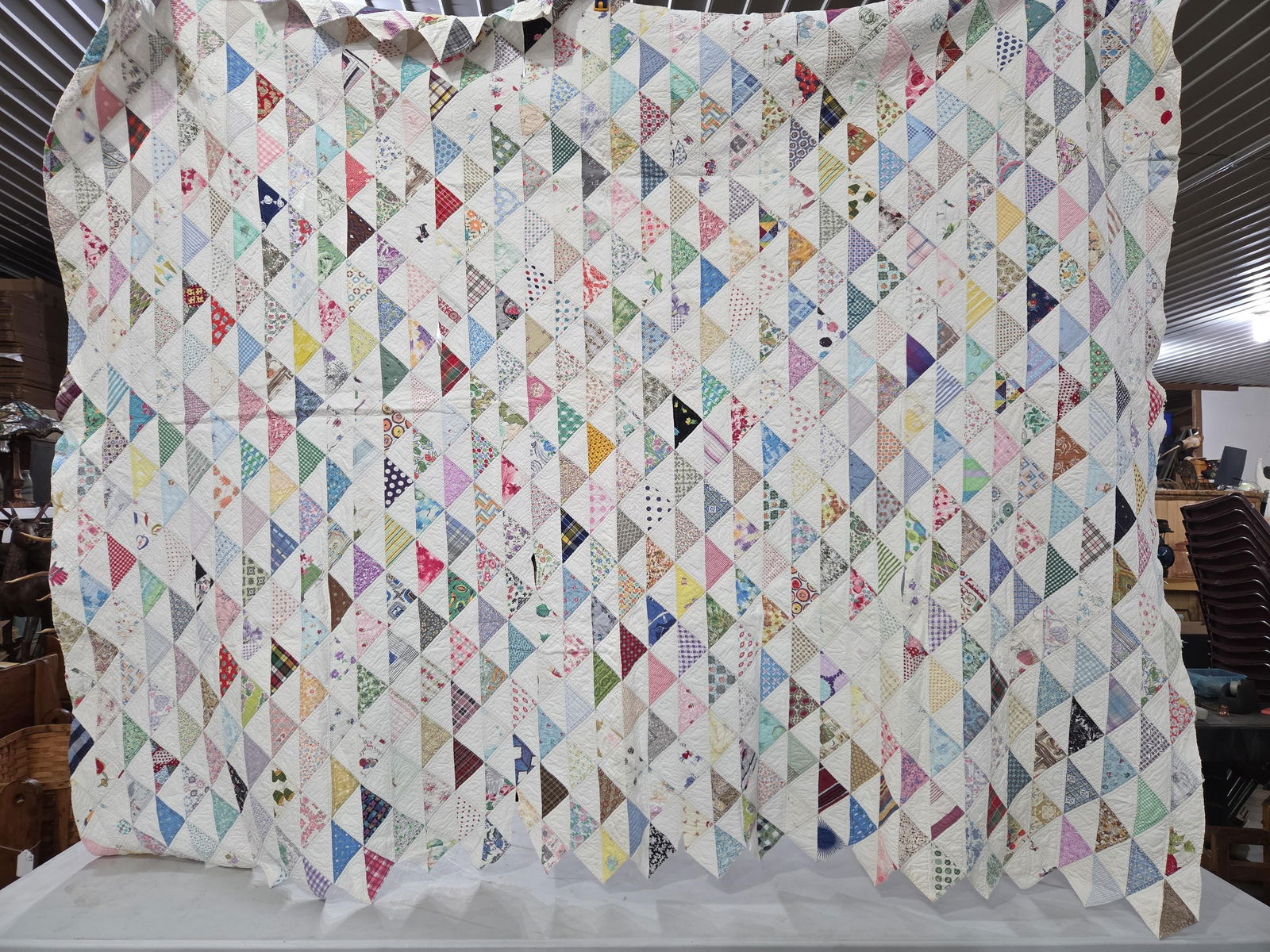 Early Hand Stitched Flying Geese Patchwork Quilt - 2