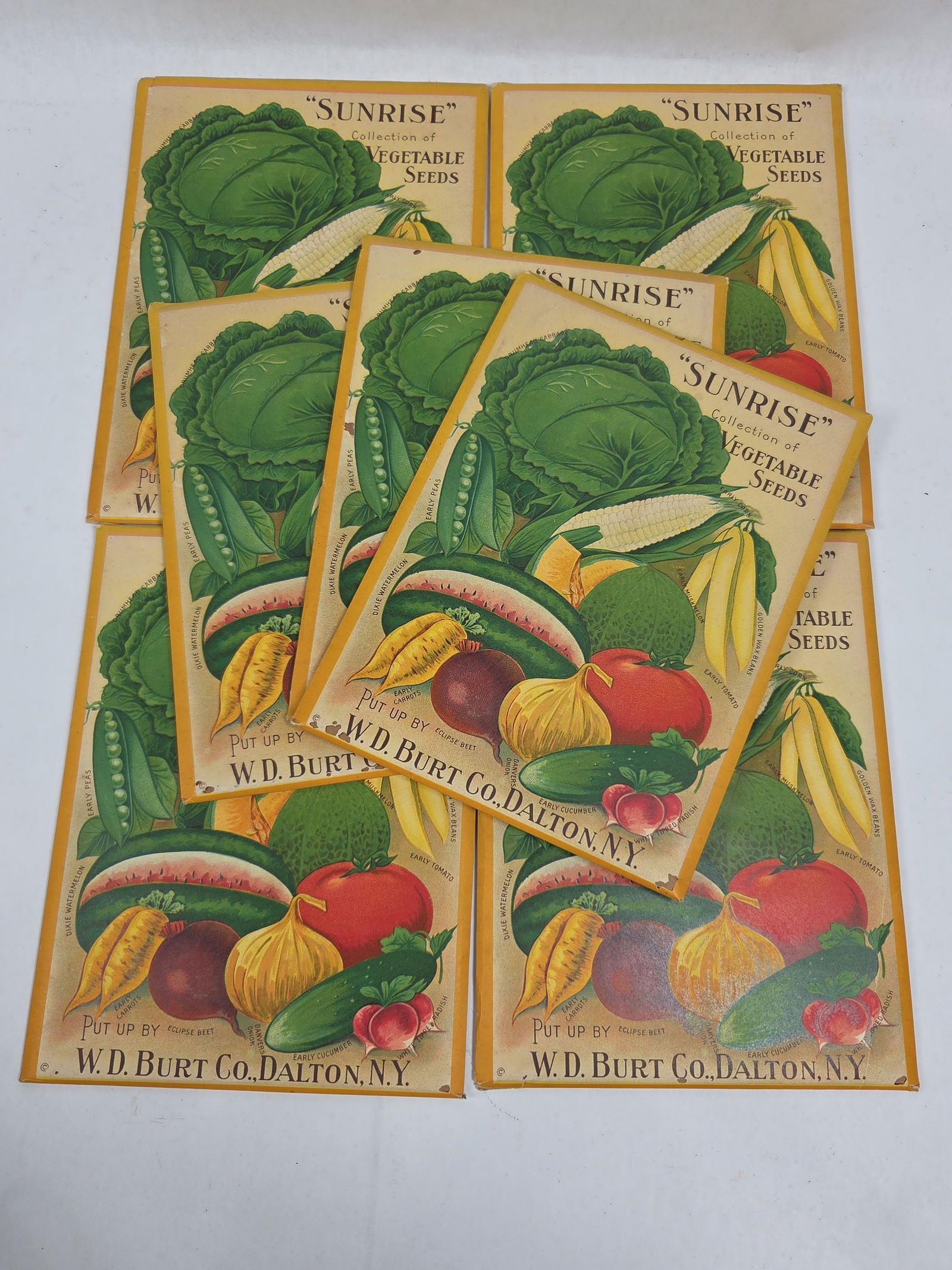 Genessee Valley Litho Co. Sunrise Seeds Repro Display Packets: Great display seed pouches reproduced for advertising and display purposes includes 7 measuring 9.75 x 7