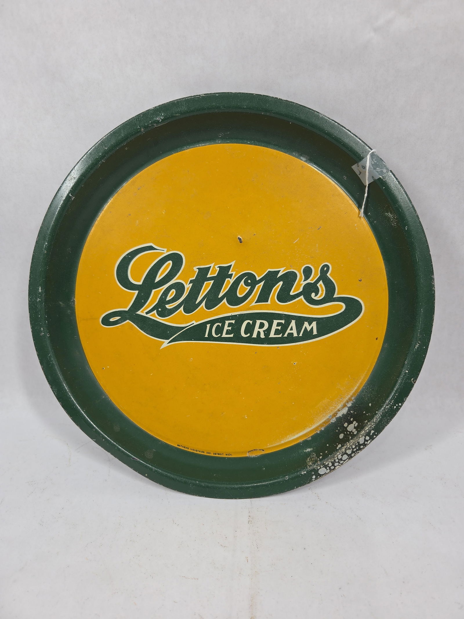 1930's Letton's Ice Cream Metal Serving Tray: showing finish loss to areas as well as rusting to reverse side? 13.5 D?