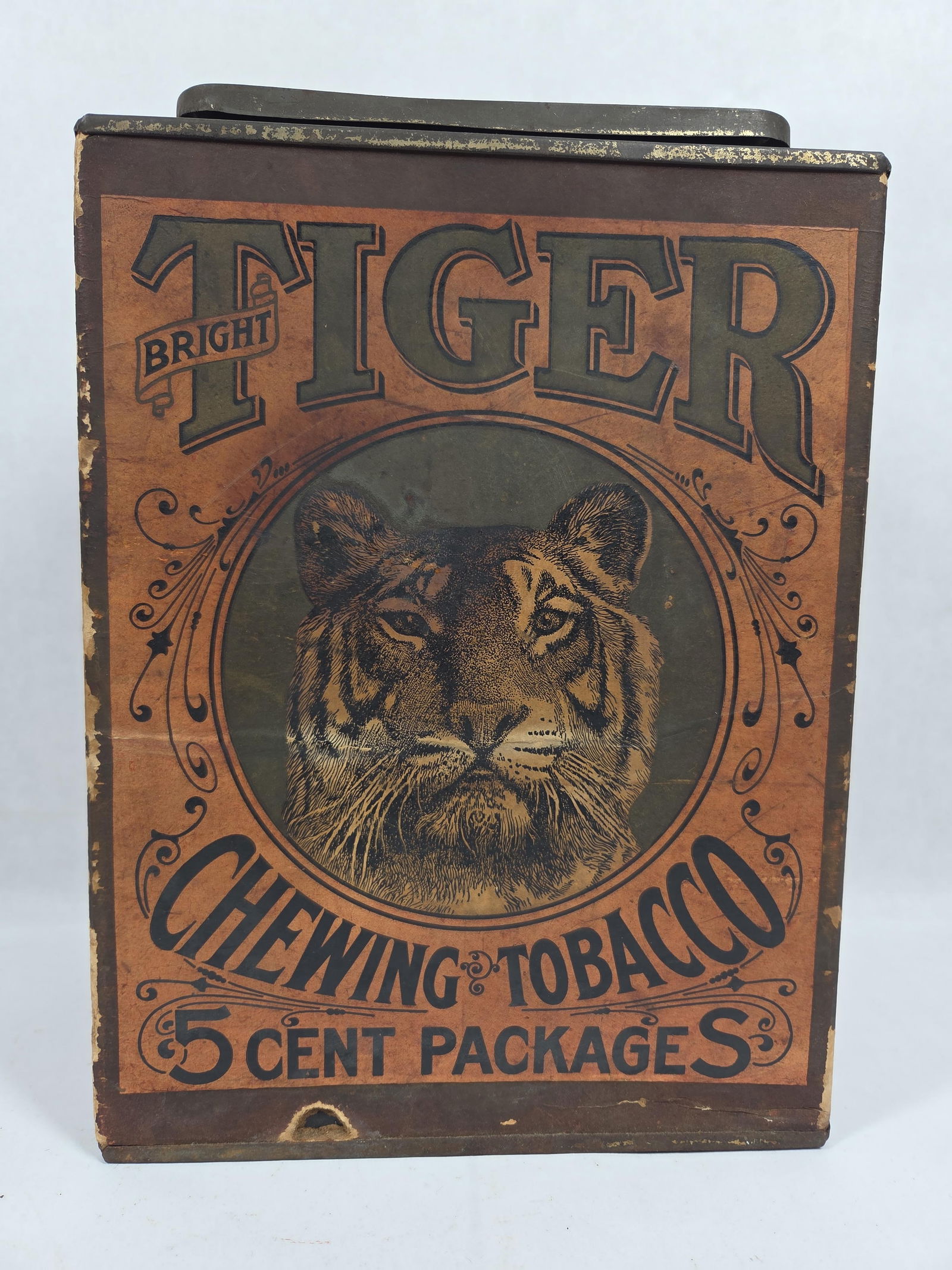 P. Lorillard Co. Bright Tiger Chewing Tobacco 5 Cent Packages Hinged Lid Graphical Tin: Great graphics showing rusting as well as areas of label loss stands 12 in. H??