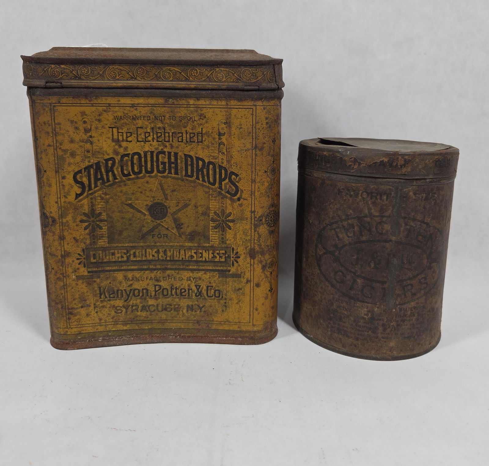 Early Kenyon Potter & Co. Star Cough Drops & Tungsten Cigar Lidded Tins: Showing soiling as well as discoloration to each due to age and usage
