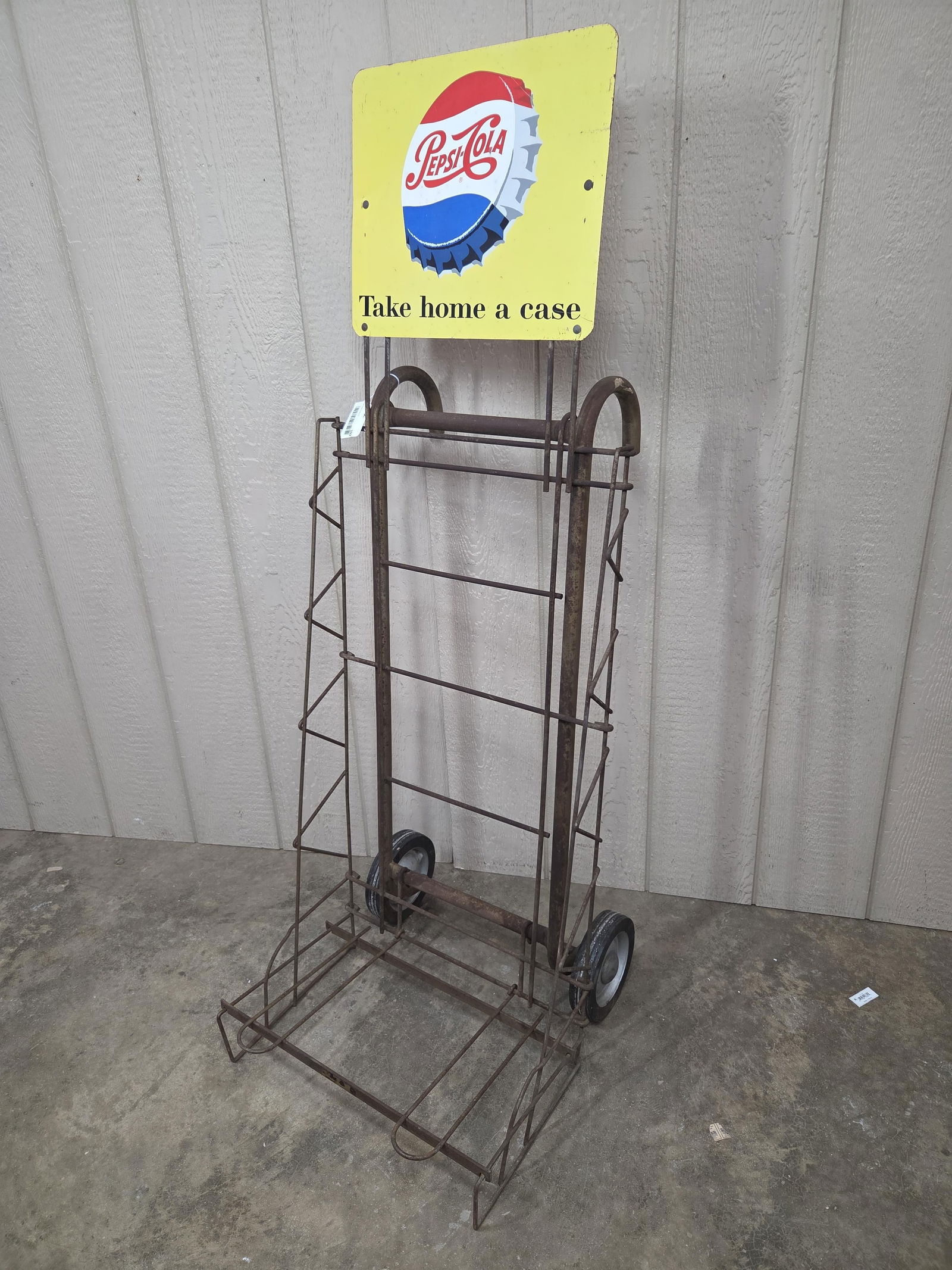 Pepsi Cola 2 Wheel Hand Cart w/ Crate Rack and SST Sign Topper: Great early soda advertising standing 58 in H to top of sign