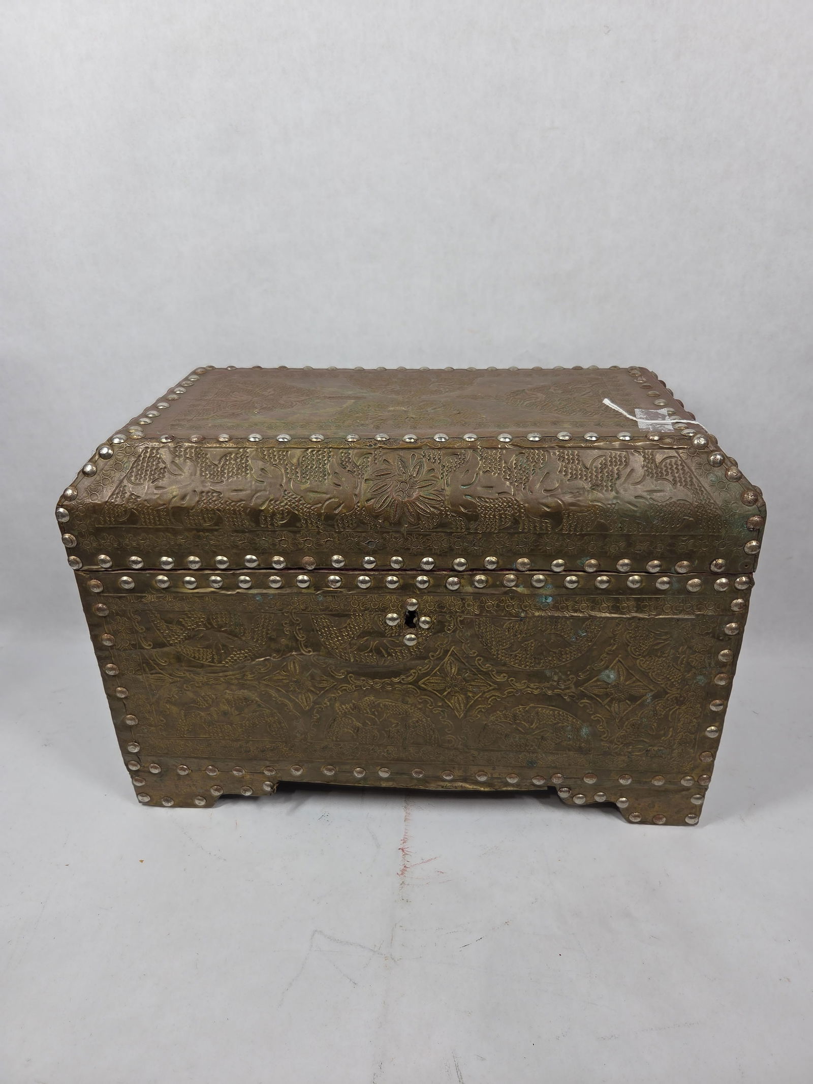 Intricate Stamped Brass over Wood Lidded Wedding Trunk (1 of 5)