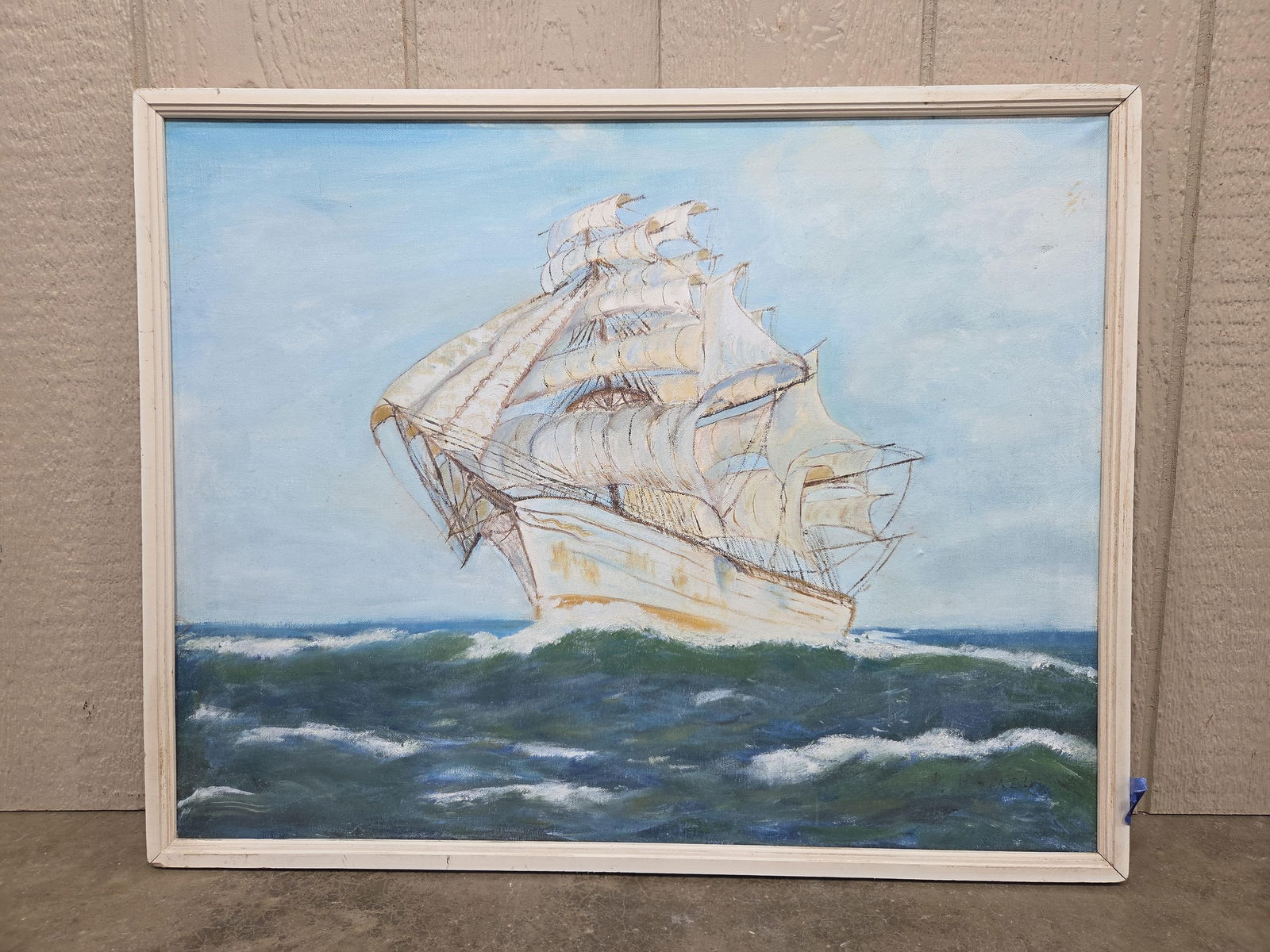 Clipper Shop at Sea Oil Painting: Artist signed Hamel. 29x23