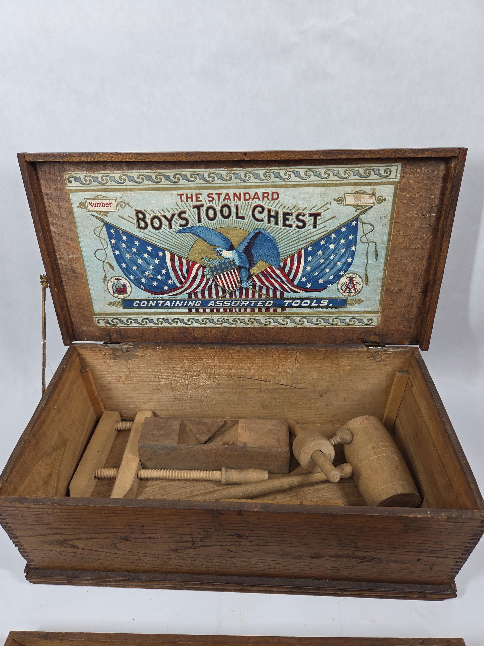 Antique Childrens The Standard Boys Tool Chest w/ Original Label No. 3725: Great dovetailed lidded and handled tool chest with comparted tray and including tools as shown in photos? chest measures 18 x 9 x 7