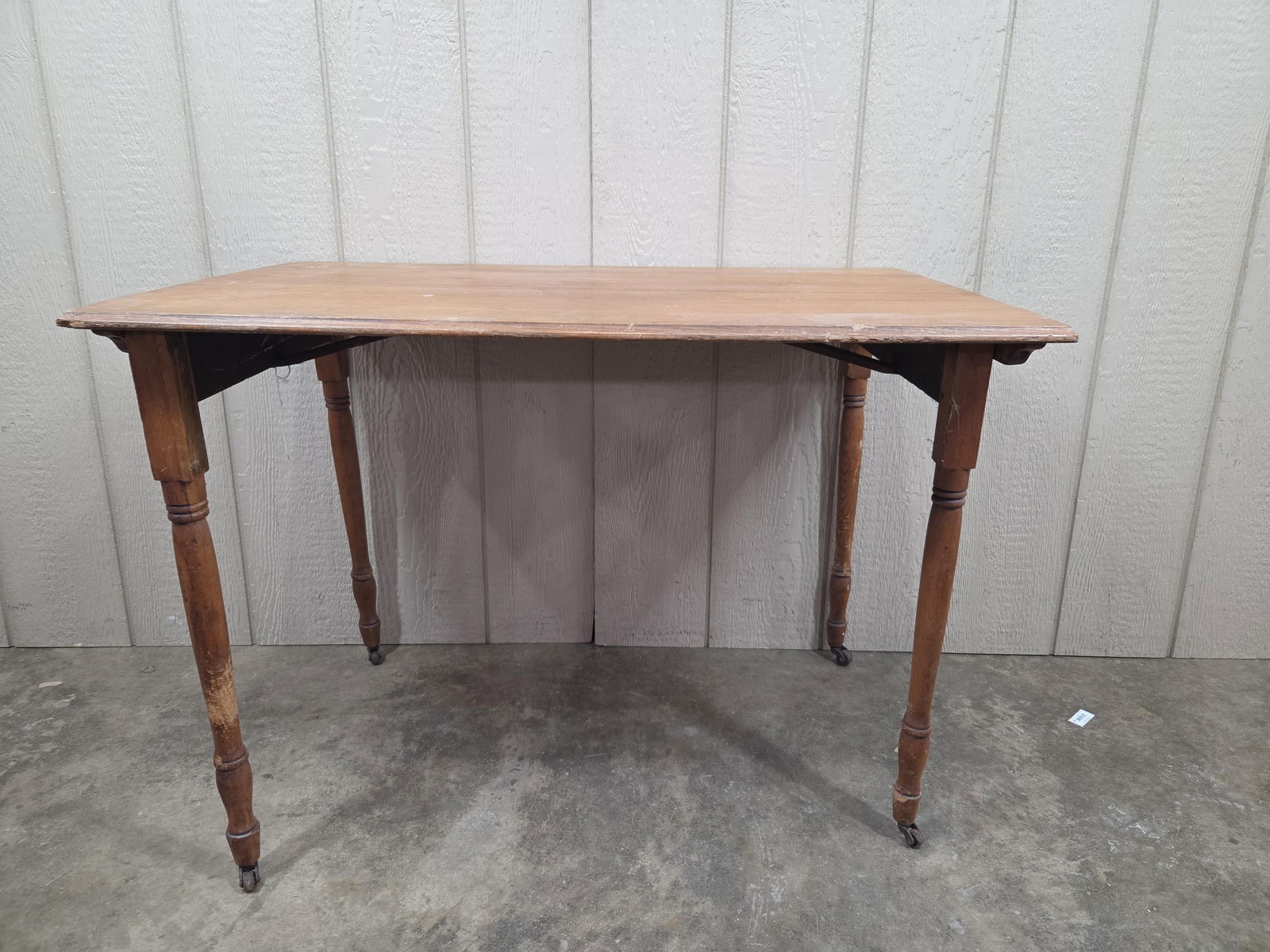 19th C. Simplicity Wood Folding Table w/ Turned Legs on Casters: 24 x 36