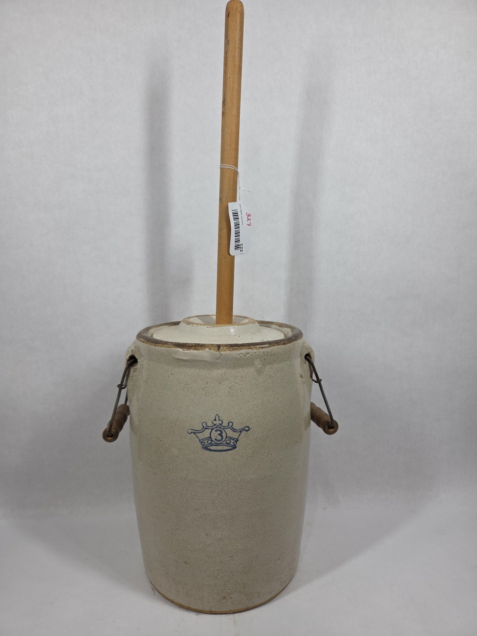 3 Gallon Crown Crock Churn: Includes lid, handles, and wooden paddle. 13x9.5. Good condition, no large breaks or chipping.