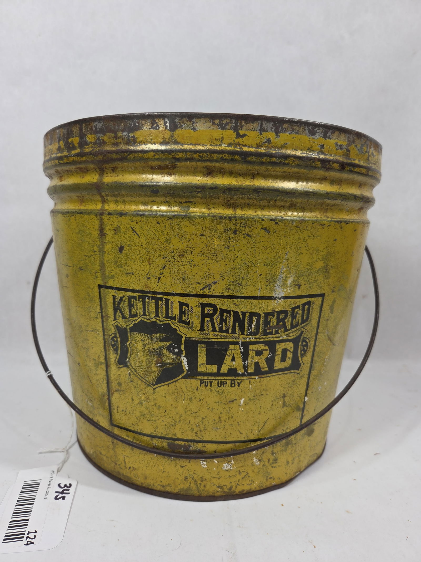Early Kettle Renderd Lard Pail w/ Handle: Great graphics showing paint loss as well as minor areas of denting 9 H x 10 D