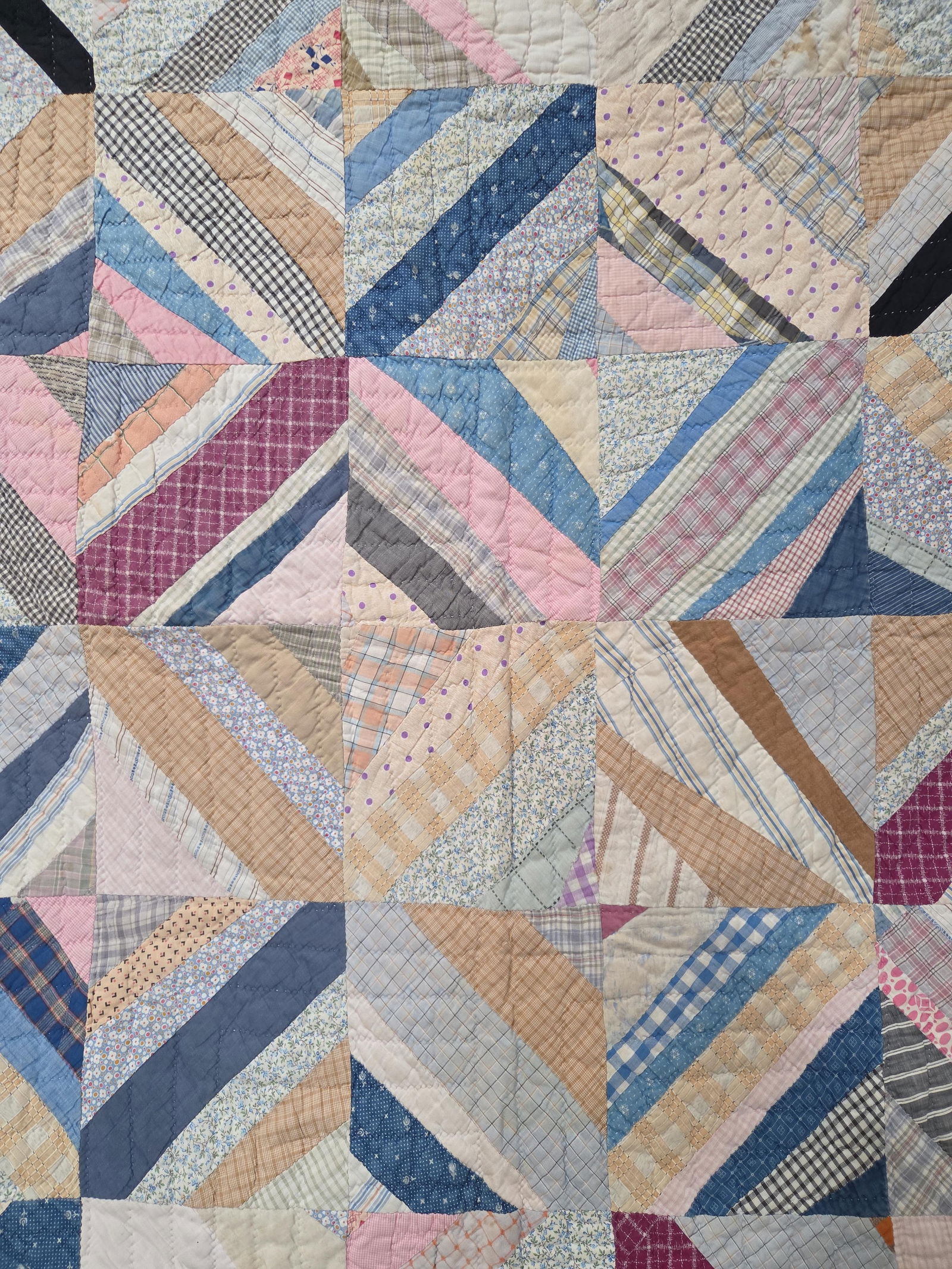Hand Stitched Crazy Diamond Patchwork Quilt: good overall condition with minor areas in need of repair? 74 x 80