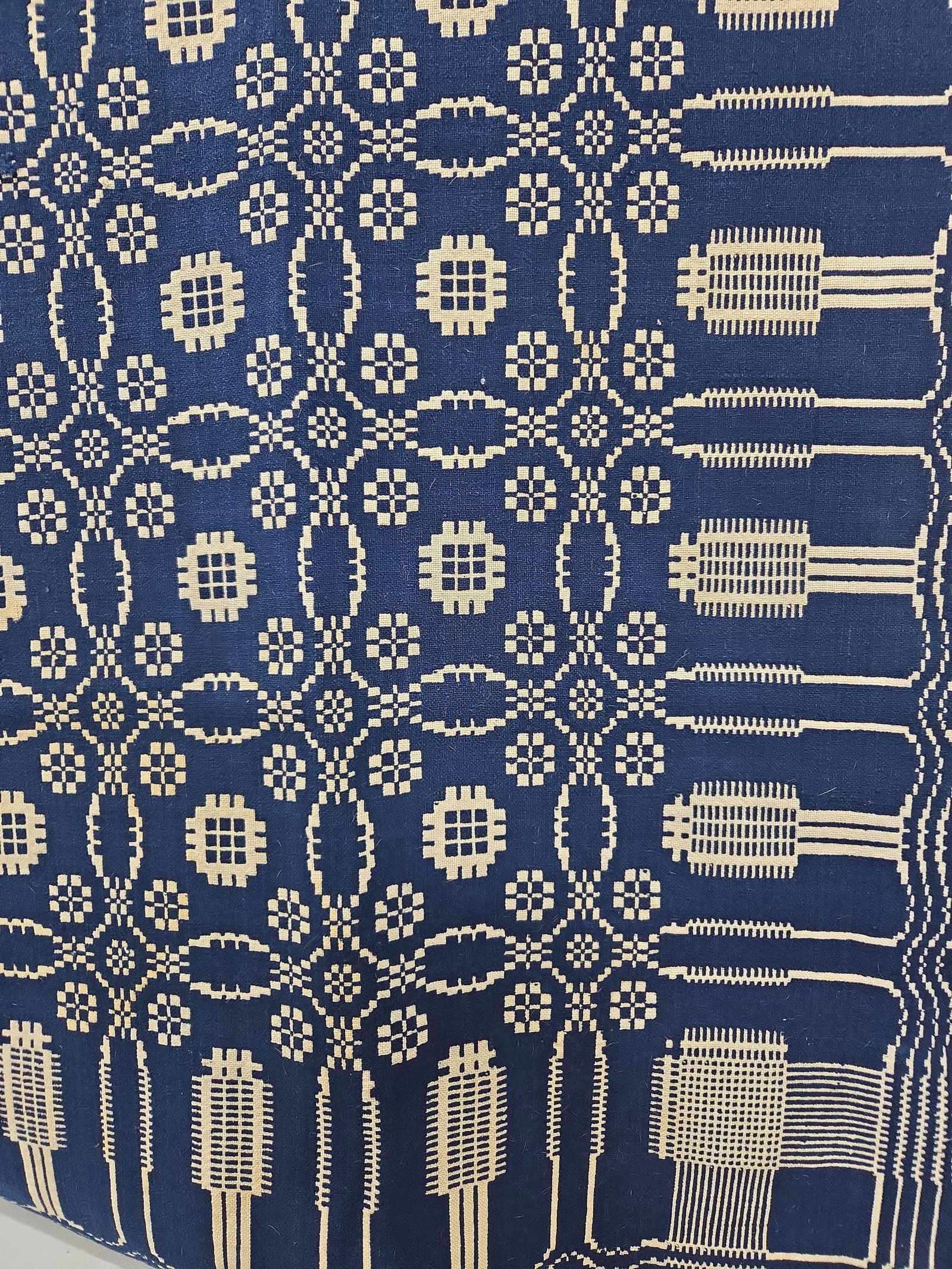 Early Snowflake and Pine Tree Double Weave Self Fringed Country Coverlet: .