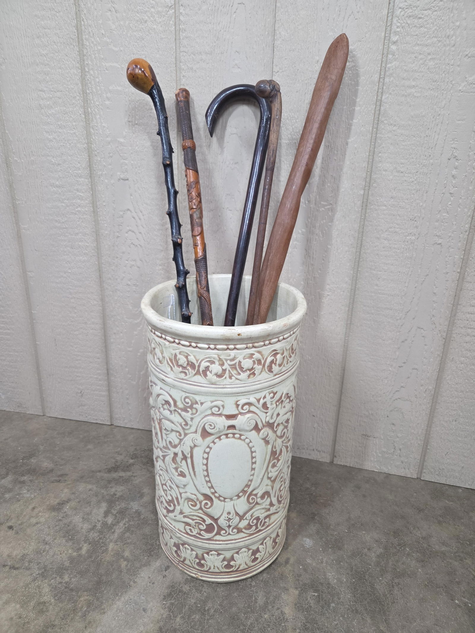 VTG Neoclassical Acanthus Weller Pottery Umbrella and Cane Stand & Hand Carved Walking Sticks (1 of 13)