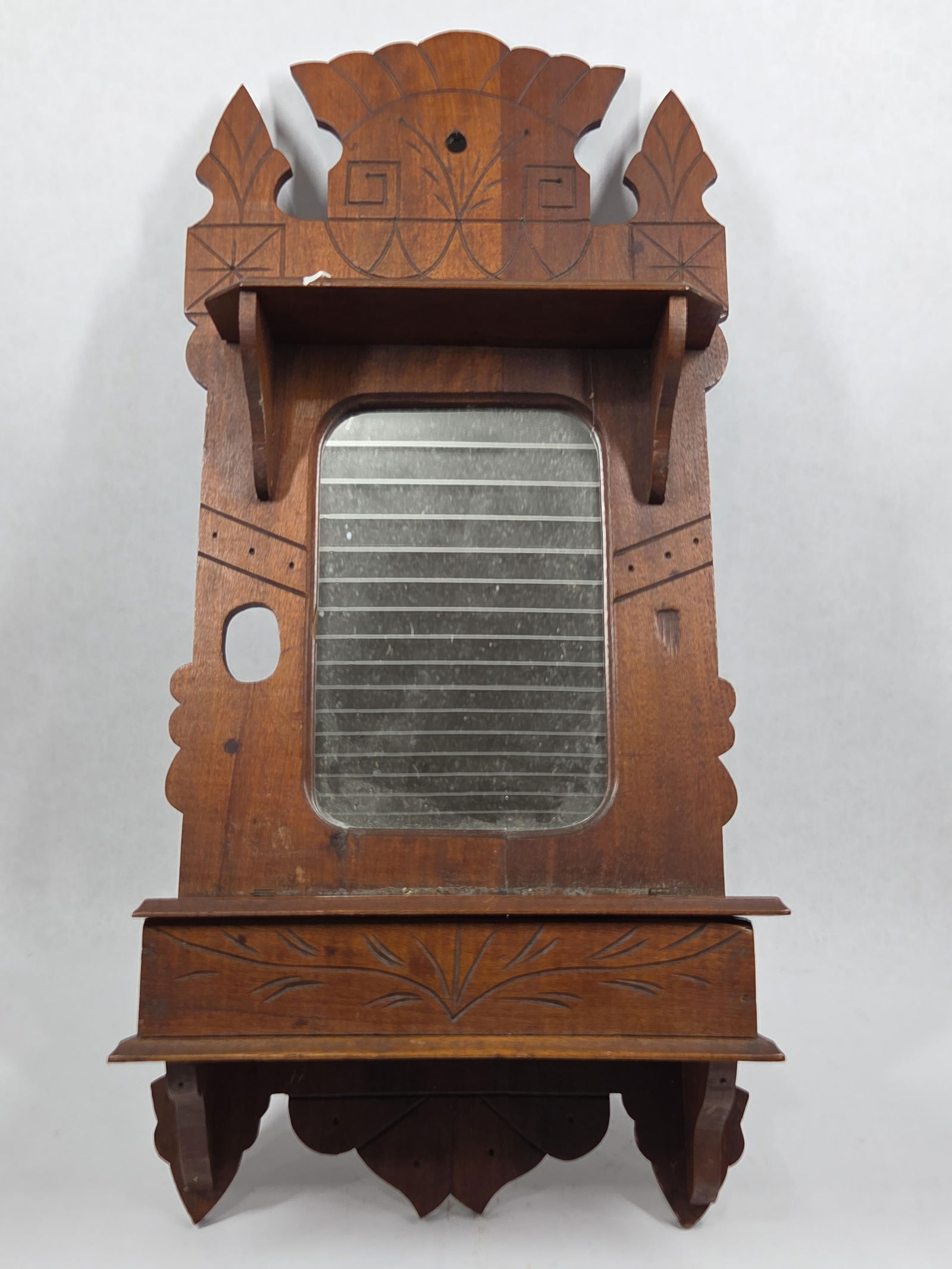 Eastlake Walnut Shaving Mirror: Featuring a lift top storage box with carved details and upper shelf. 26x12.5