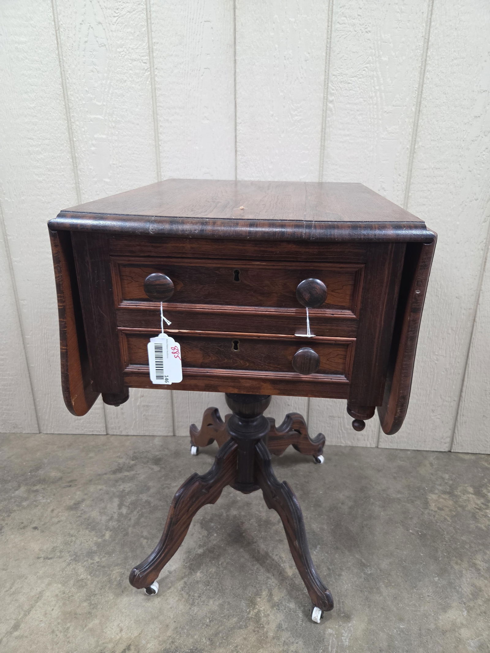 Antique Penbroke Style 2 Drawer Drop Leaf Regency Side Table on Casters: Great early table with little to no condition issues as shown in photos? 29 in. H?