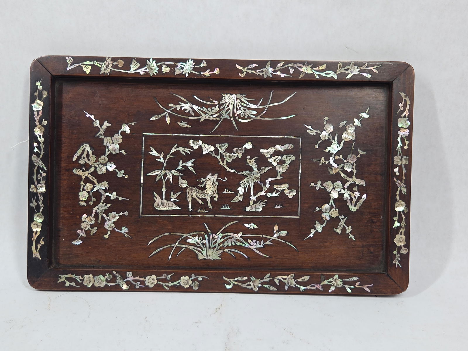 Late 19th C. Vietnamese Antique Mother of Pearl Inlaid Wood Panel Tray: Great color and overall condition with no inlay missing or chipped? 9.5 x 15.5