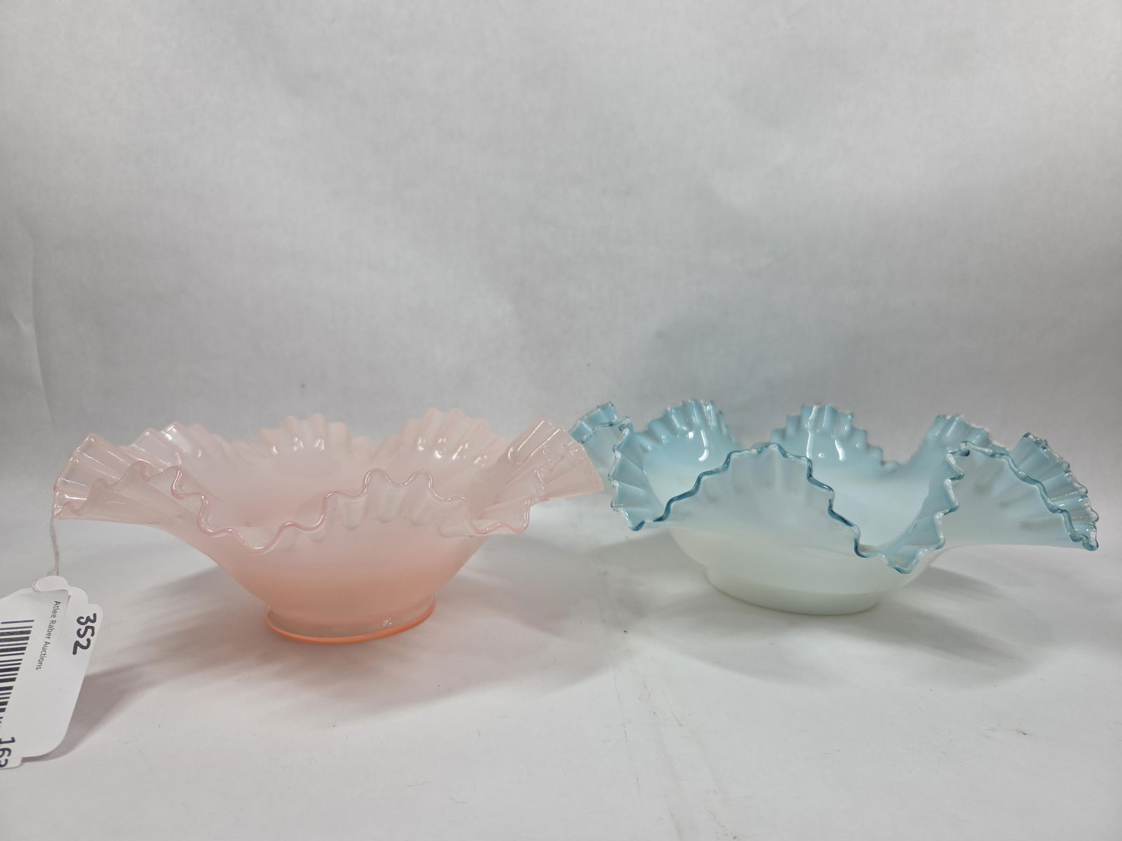 Fenton Aqua Crest Milk Glass and Fenton Rose Milk Glass Ruffled Bowls: Great overall condition with no chips, cracks or breaks 9 and 12 in. D