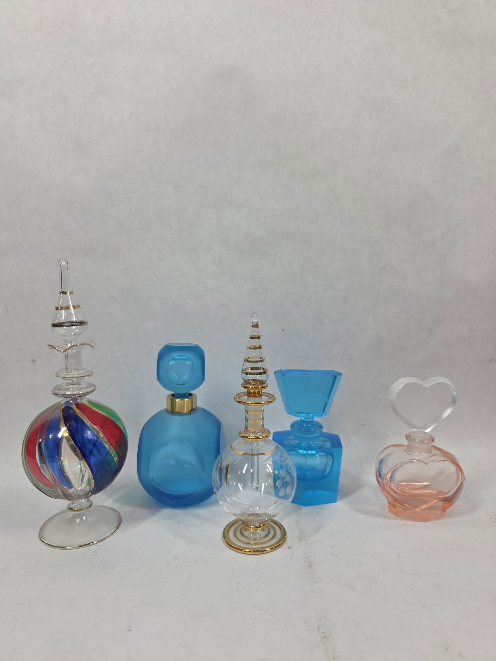 Hand Blown Egyptian Multi Color Panel and Art Glass Perfume Bottles Complete w/ Stoppers (1 of 4)