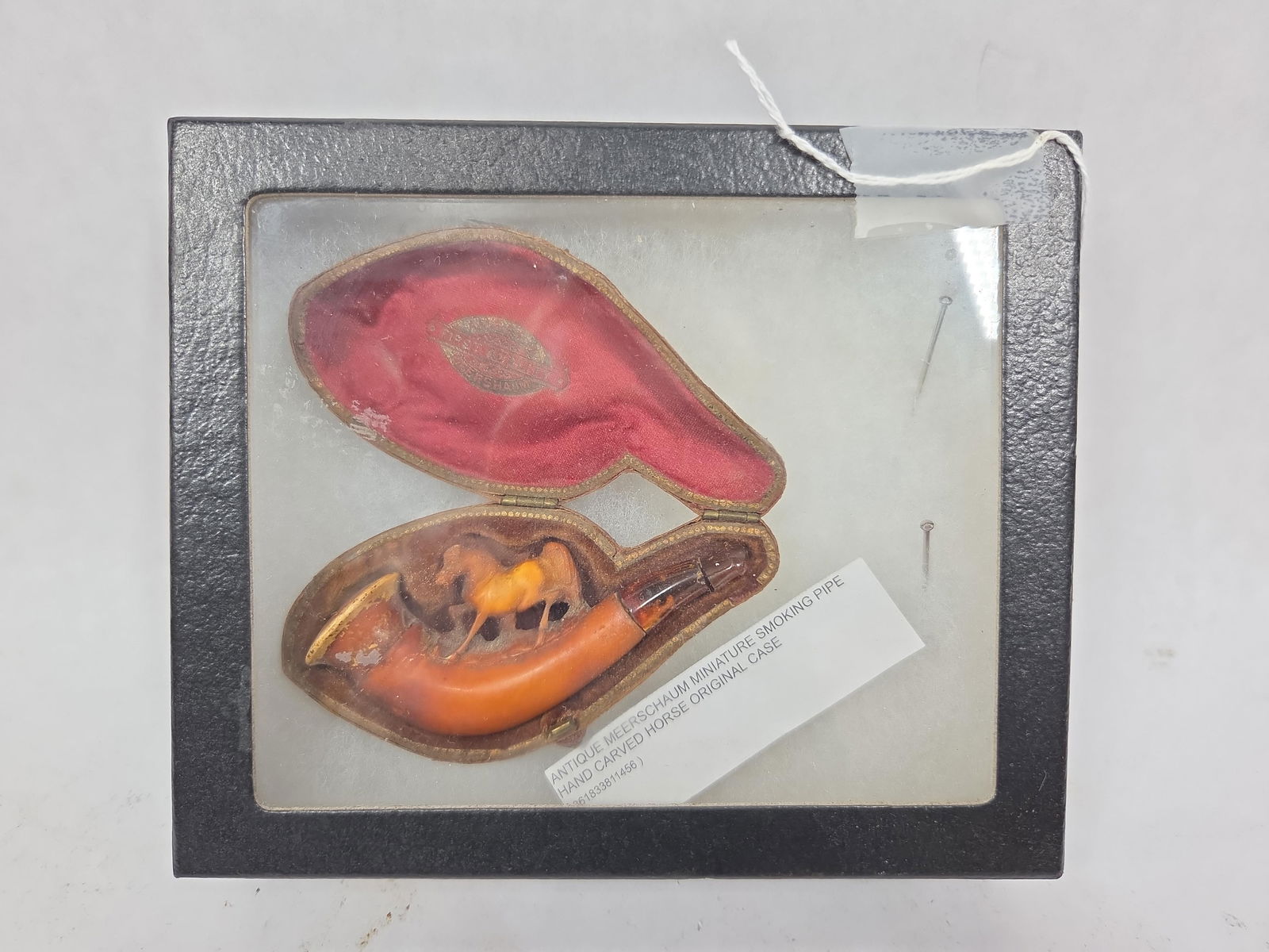 Hand Carved Horse Meerchaum Miniature Smoking Pipe: A great little piece with hand carved detail and case. 3.5 inches. Tip of pipe is damaged.