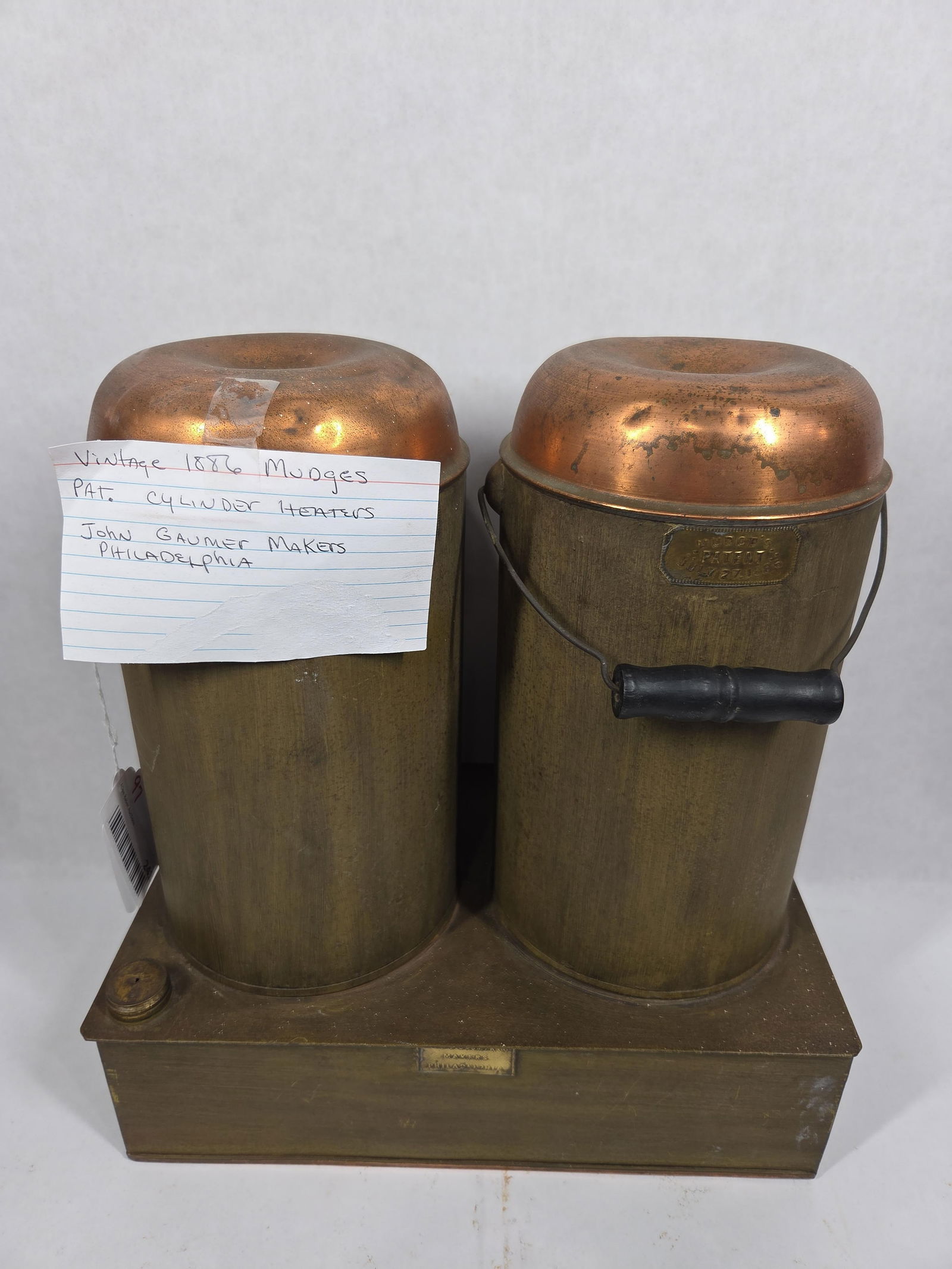 Mudges 1886 Double Cylinder Heater: John Gaumer Maker, Philadelphia, PA. 13.5x8x14.5