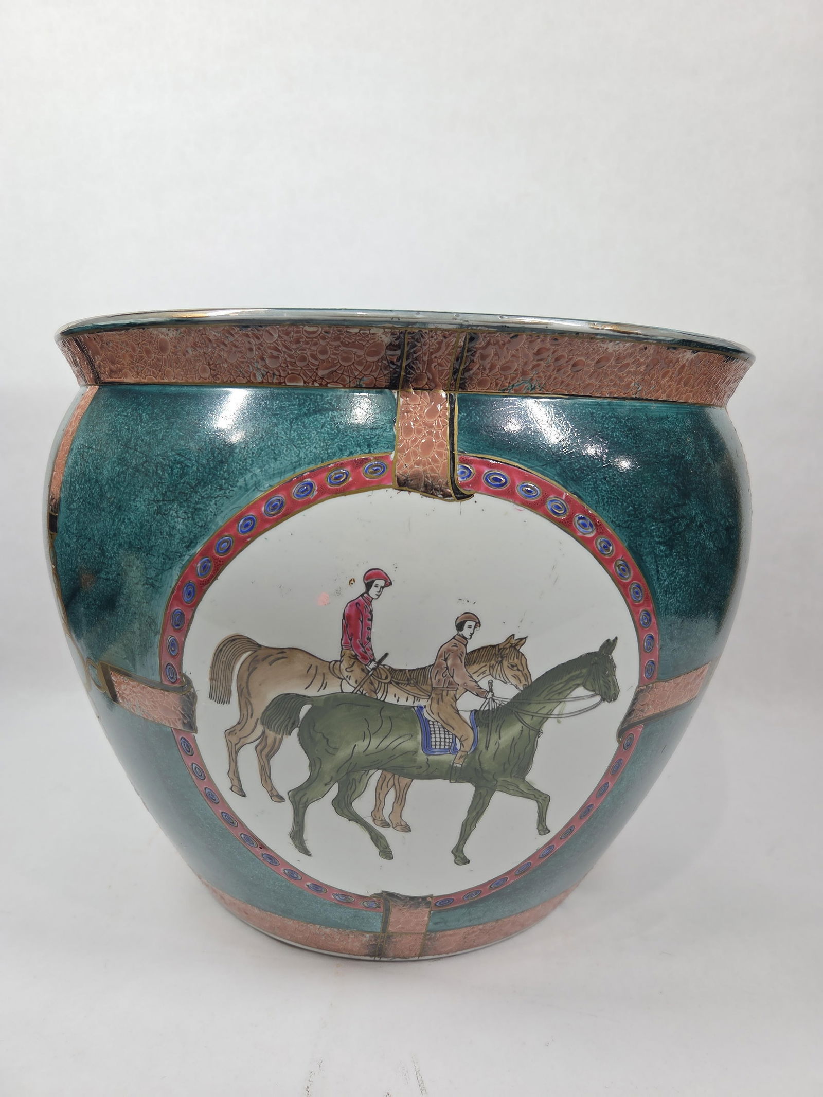 Hand Painted WBI Equestrian Fox Hunt Open Top Planter w/ Koi to the Inside: Great overall color and graphical scene with no chips, cracks or breaks measuring 12 H x 15 W