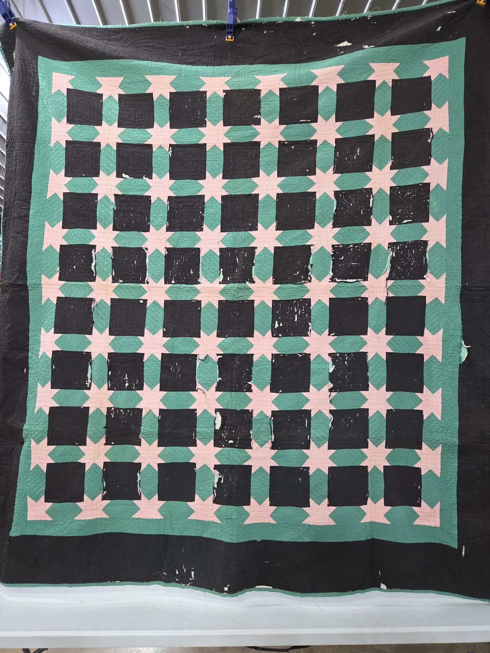 VTG Hand Stitched Star Block Quilt: Showing many areas of repair as shown in photos? 80 x 84