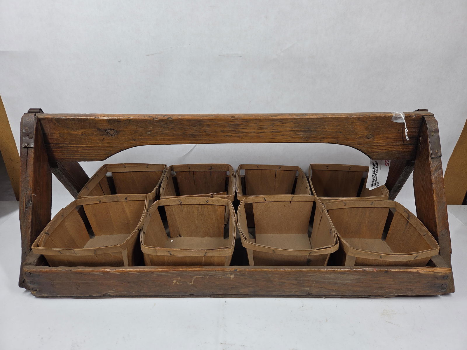 Early Farmhouse Berry Tray: Holds 6 berry cups, in very good primitive condition with arched handle and metal reinforced corners.