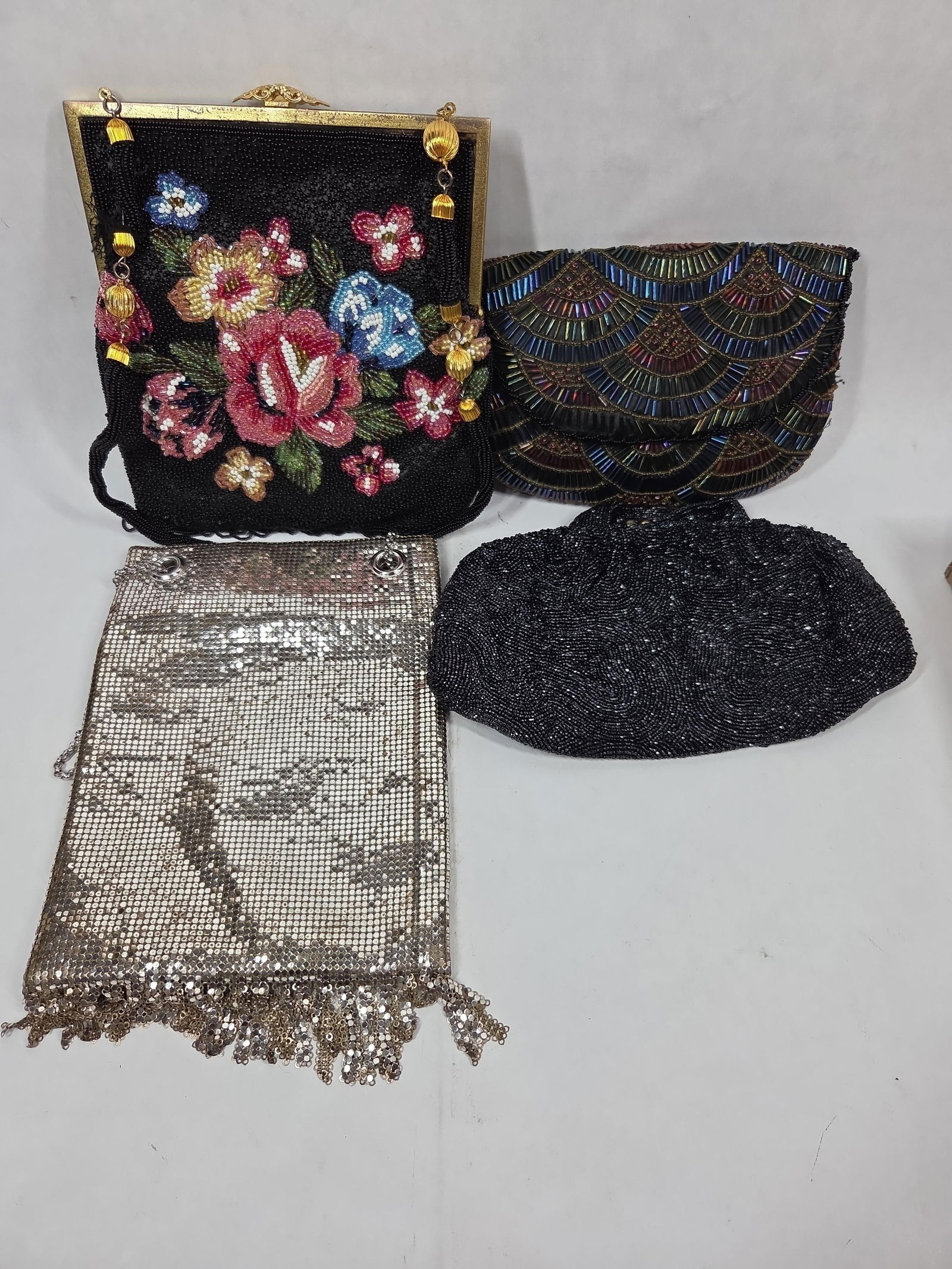 Whiting Davis Co. Mesh Paco Rabanne Fringed Bag, Art Deco Evening Bag, Hand Beaded Clutch Lot of 4 (1 of 11)