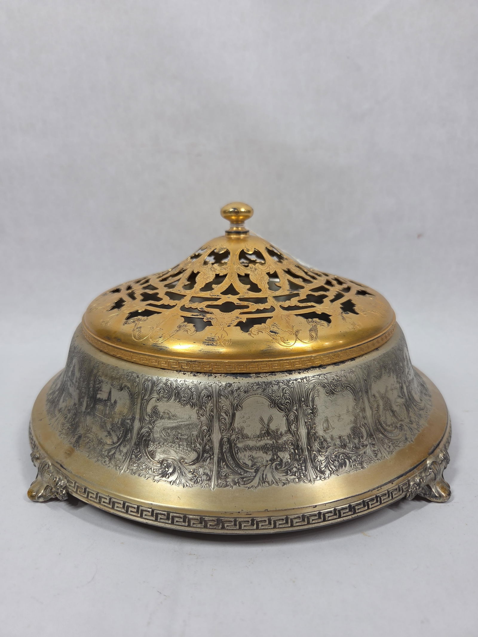 Antique Silver Plated Footed Caviar Server w/ Pierced Open Work Gold Finish Lid (1 of 8)