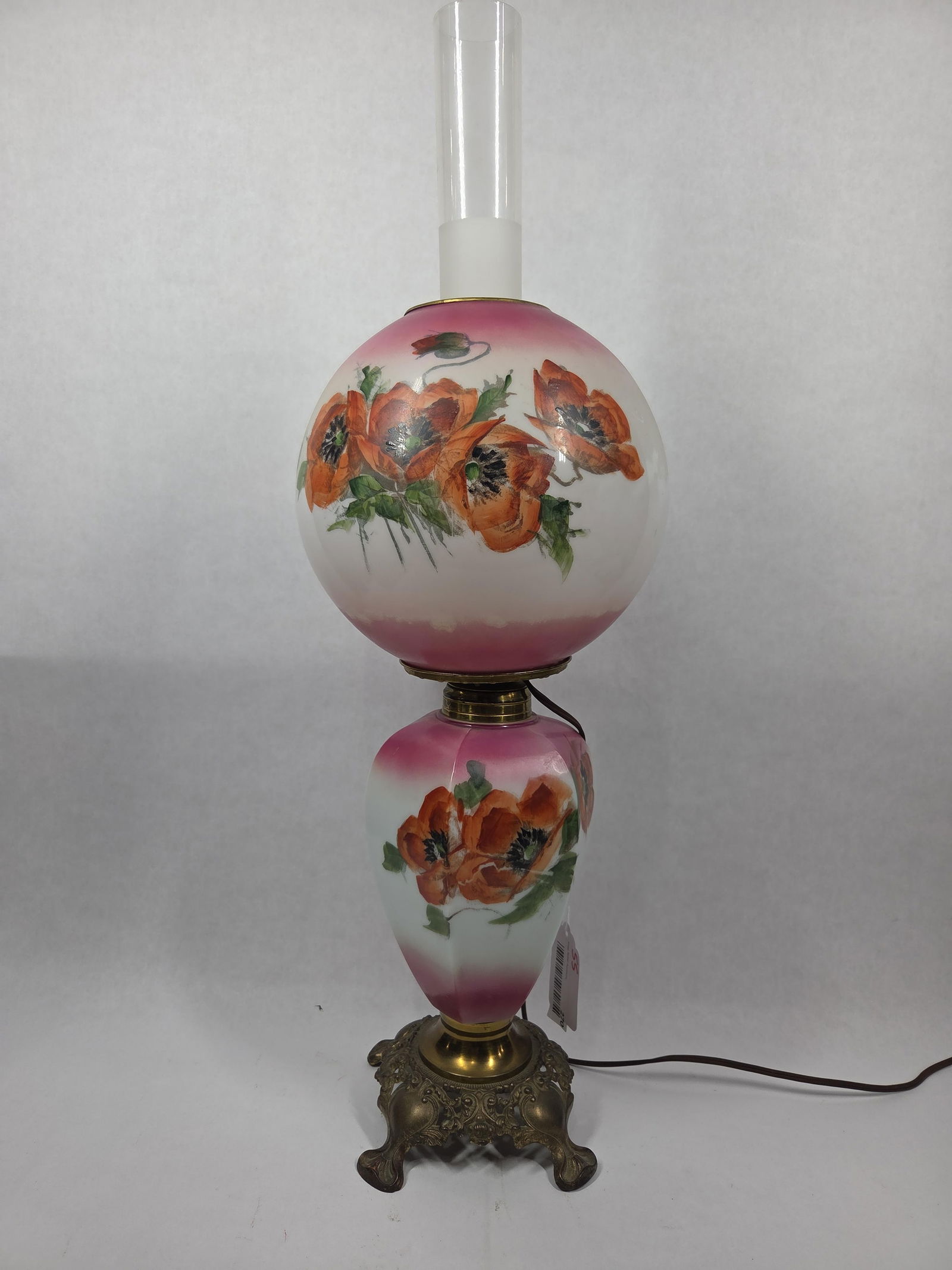 Hand Painted Poppy Scene Gone With The Wind Style Ornate Brass Base Electrified Table Lamp (1 of 6)