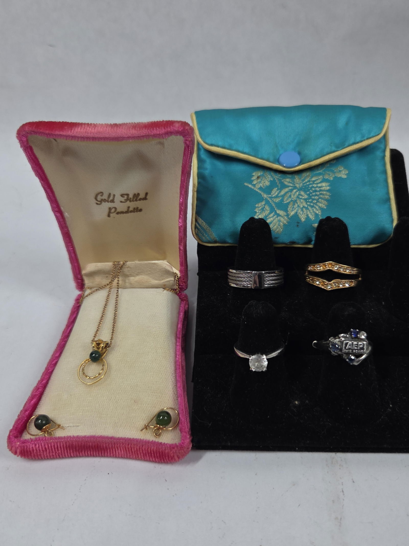 Sterling AEP Recognition Ring w/ Sapphires, Sterling Diamond Ring & G/F Jade Necklace & Earring Set (1 of 5)