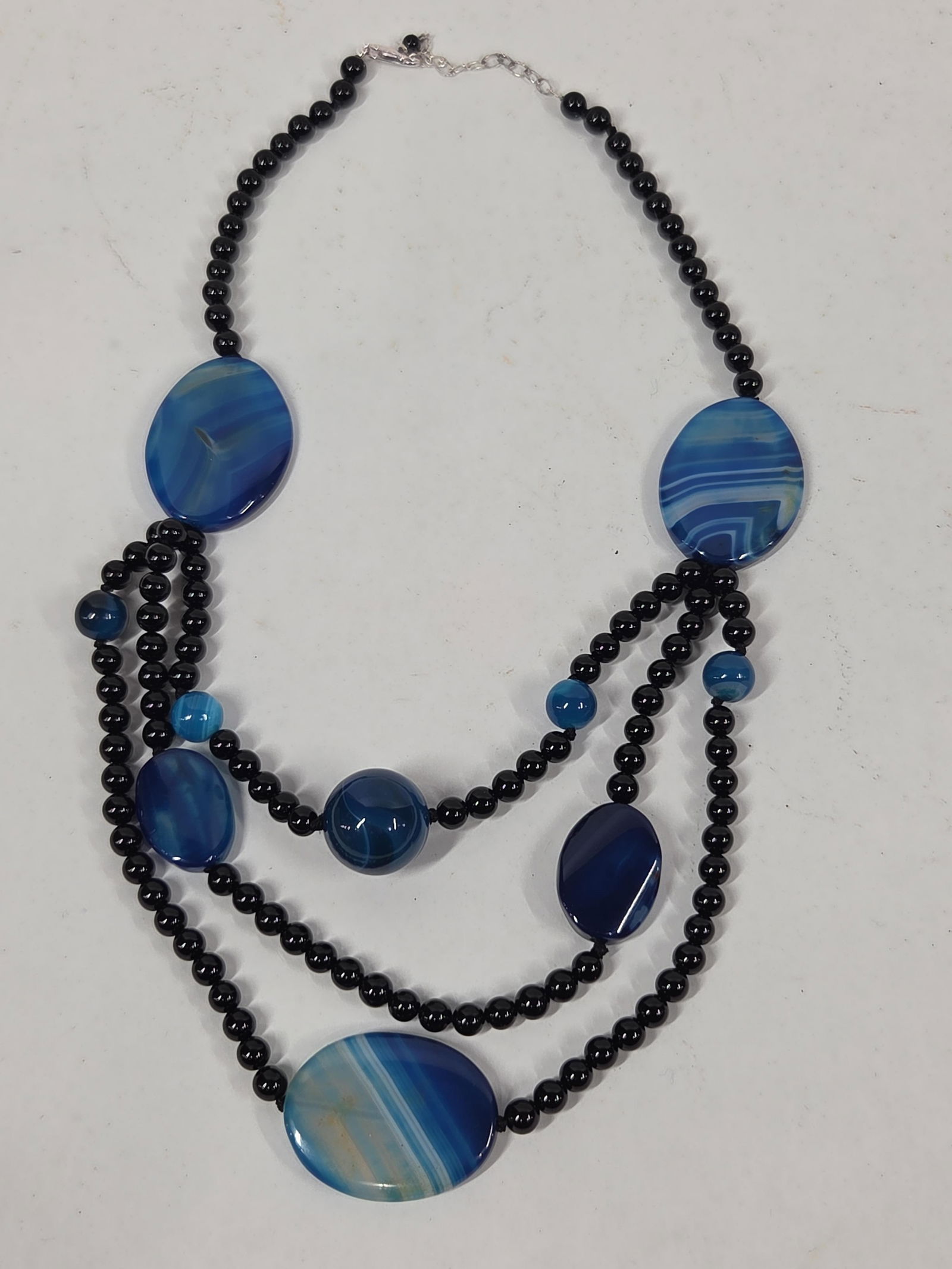 Aluma Sterling Natural Polished Blue Agate and Onyx Necklace: Great stones and all natural material