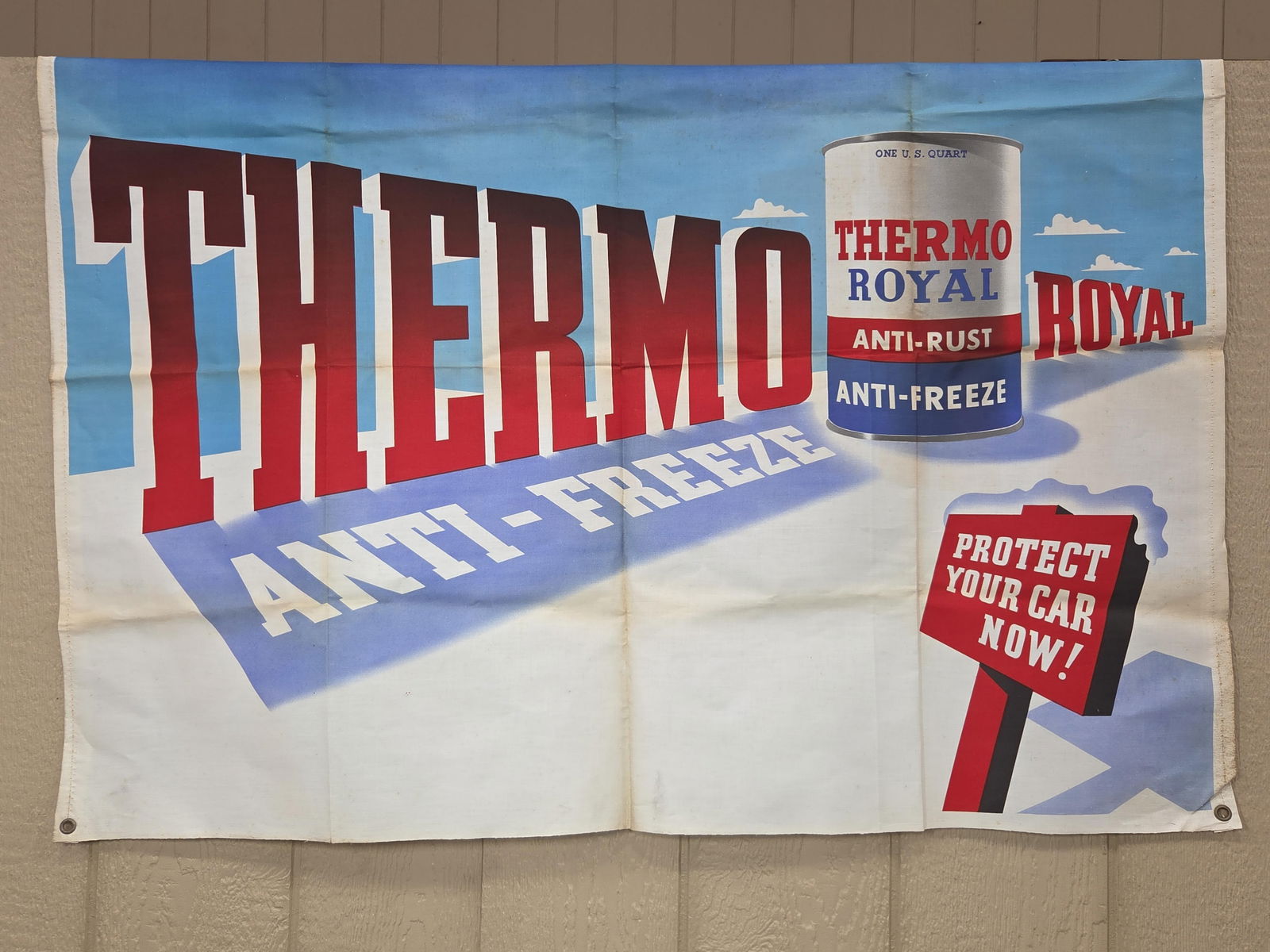 Thermo Anti Freeze Advertising Banner: Print on linen, vibrant color and graphics. Good condition. 36x45