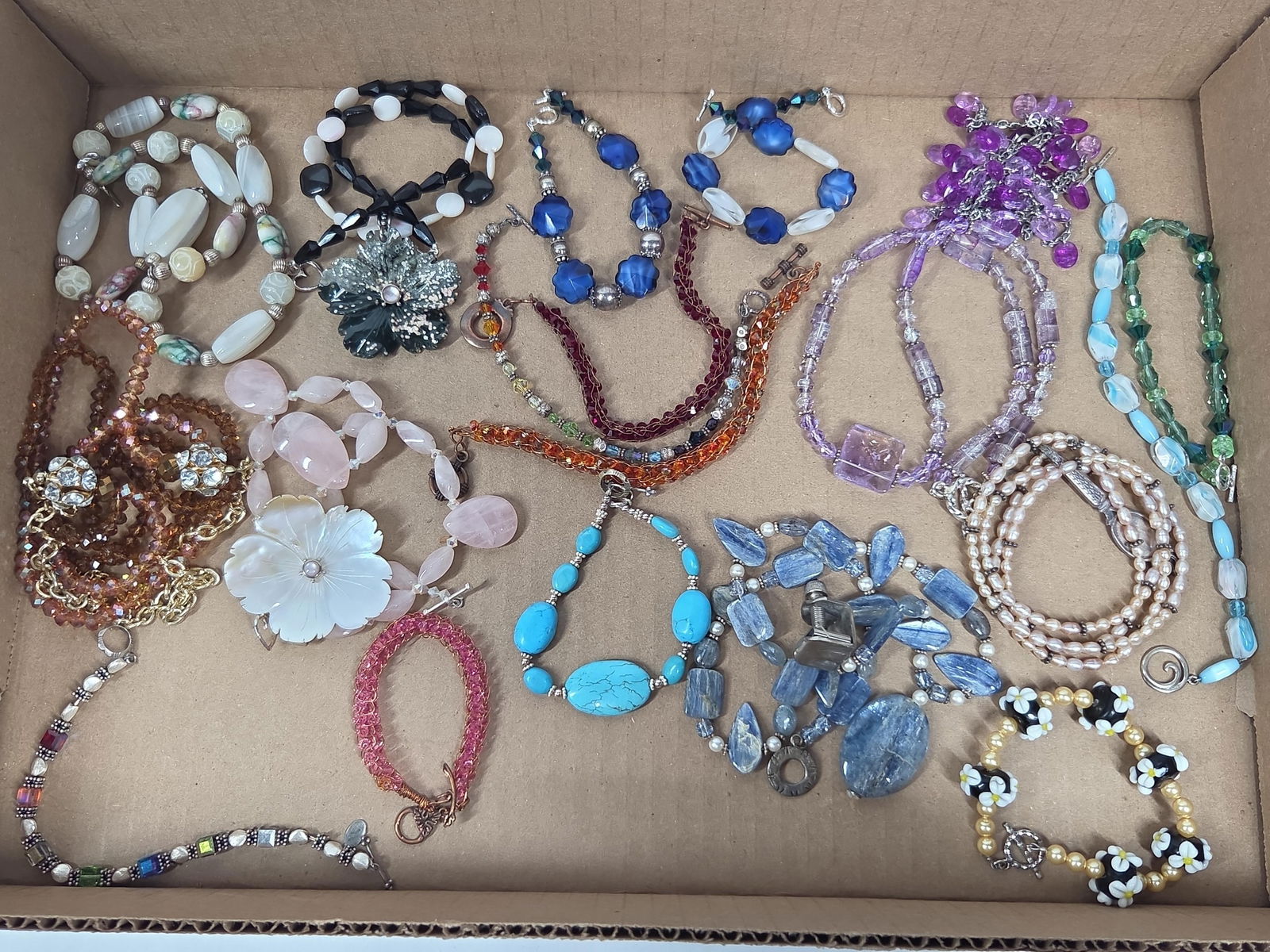 Lot of Polished Rhinestone, Precious Stone, Beaded and Pearled Necklace & Bracelet Lot: This great assorted jewelry lot has not been tested or sorted inc. 19 pcs. of various makes, stones and styles