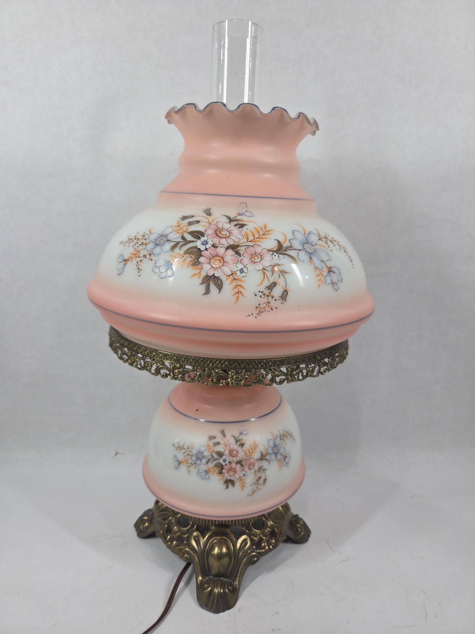Gone With the Wind Pink Satin Hand Painted Milk Glass Brass Base Electrified Table Lamp (1 of 8)